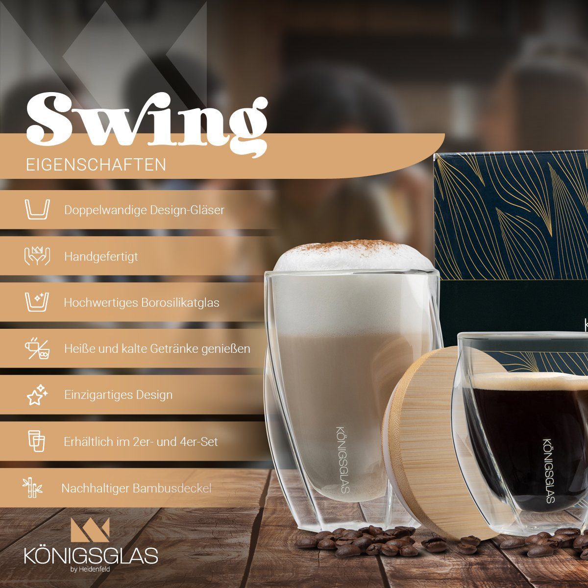 Königsglas Gläser-Set Swing doppelwandige Gläser 2/4er Glas Set 250/350 ml Cocktailgläser, Premium Latte Macchiato Gläser aus Borosilikatglas, Trinkglas Kaffee Cappuccino Tasse Teeglas