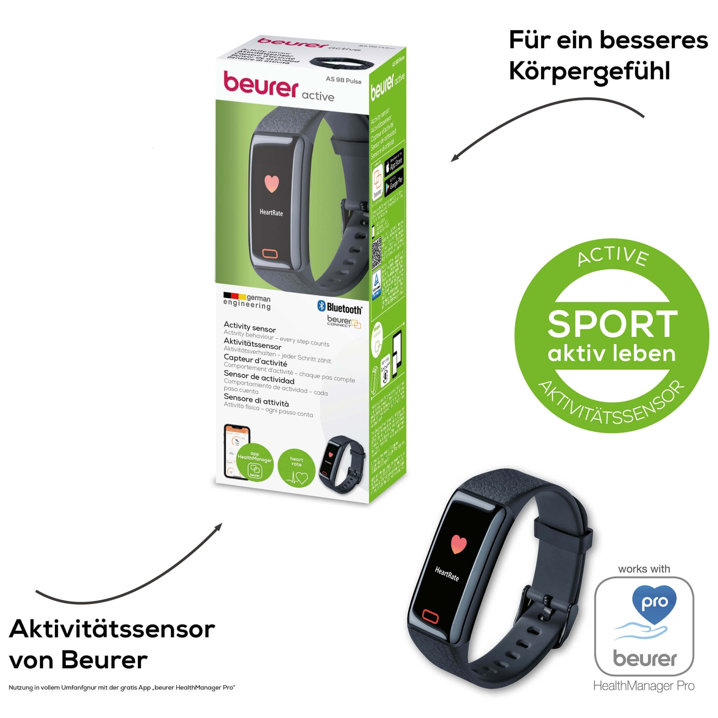 Beurer Aktivitätssensor AS 98 Pulse-Fitnessuhr mit Nachrichtenfunktion, Pulsmessung, Schlaf- & Aktivitätstracking