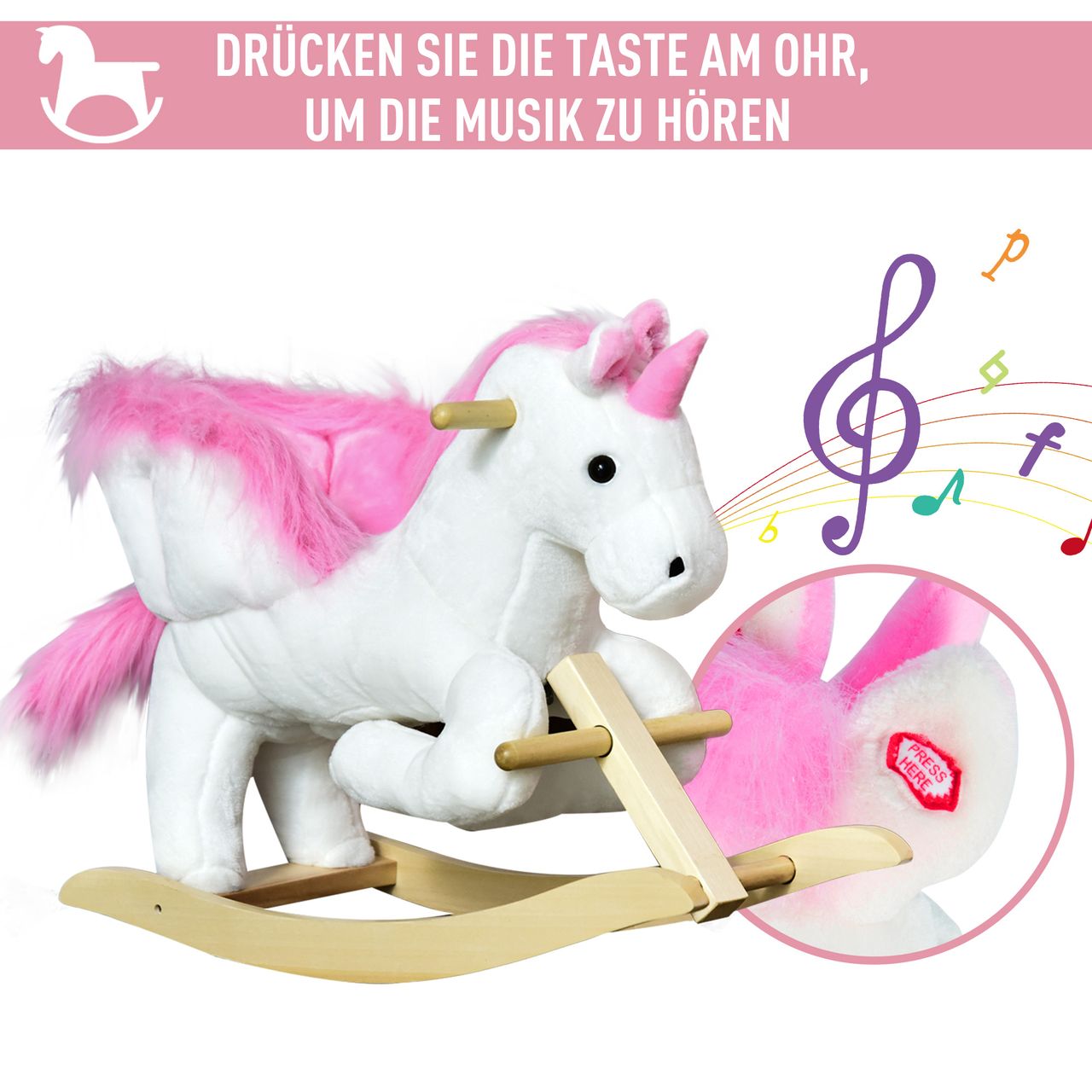 HOMCOM Schaukeltier Schaukelpferd Kinder Schaukel magisches Einhorn-Design mit Musik für Kinder für 18-36 Monate Baby Plüsch Holz Stahl Rosa Weiß 65 x 32 x 55 cm