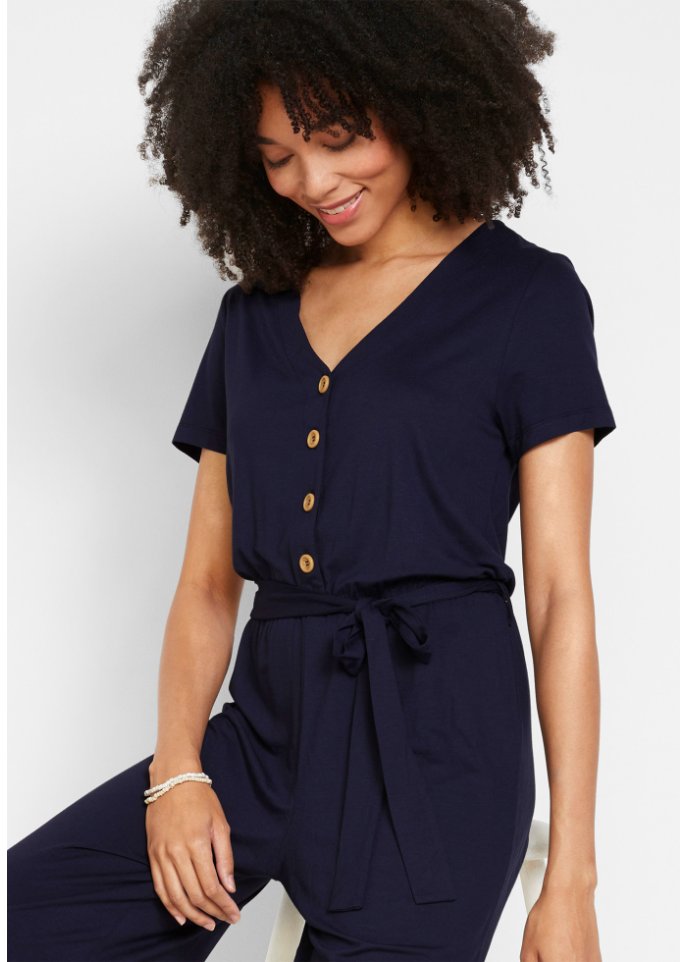 Jersey-Jumpsuit mit V-Ausschnitt, kurzarm