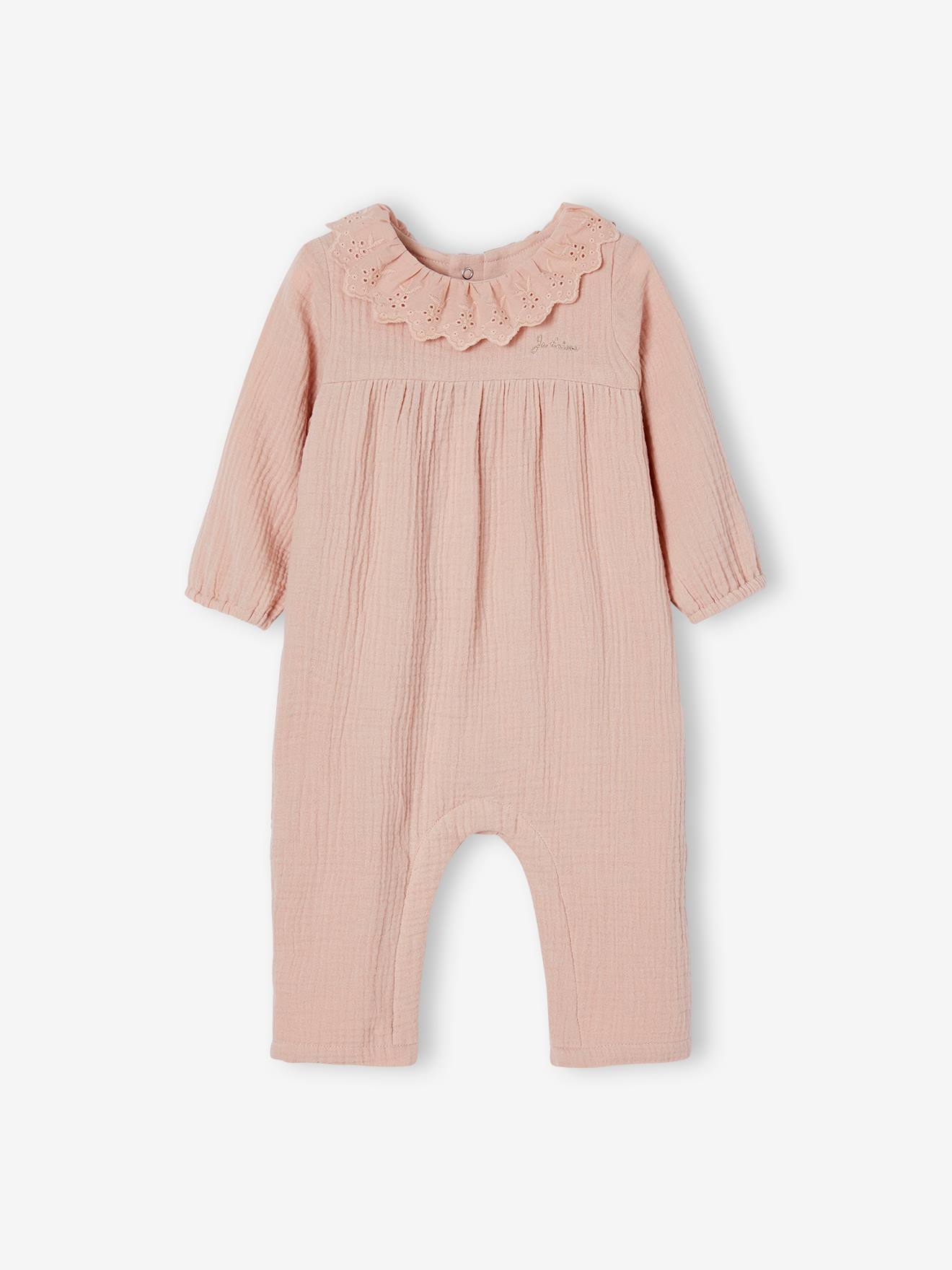 Combinaison en gaze de coton doublé bébé bois de rose