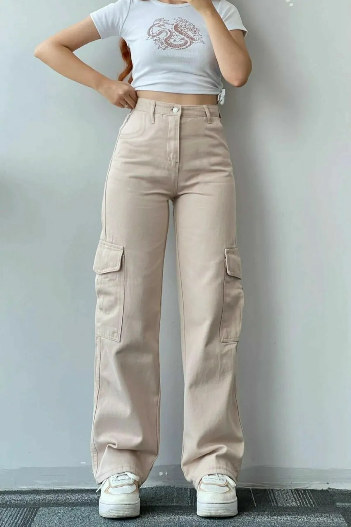 Trn JNS  Stone Damen-Palazzo-Jeans in Beige mit extra hoher Taille, Cargotasche und ohne Gesäßtasche