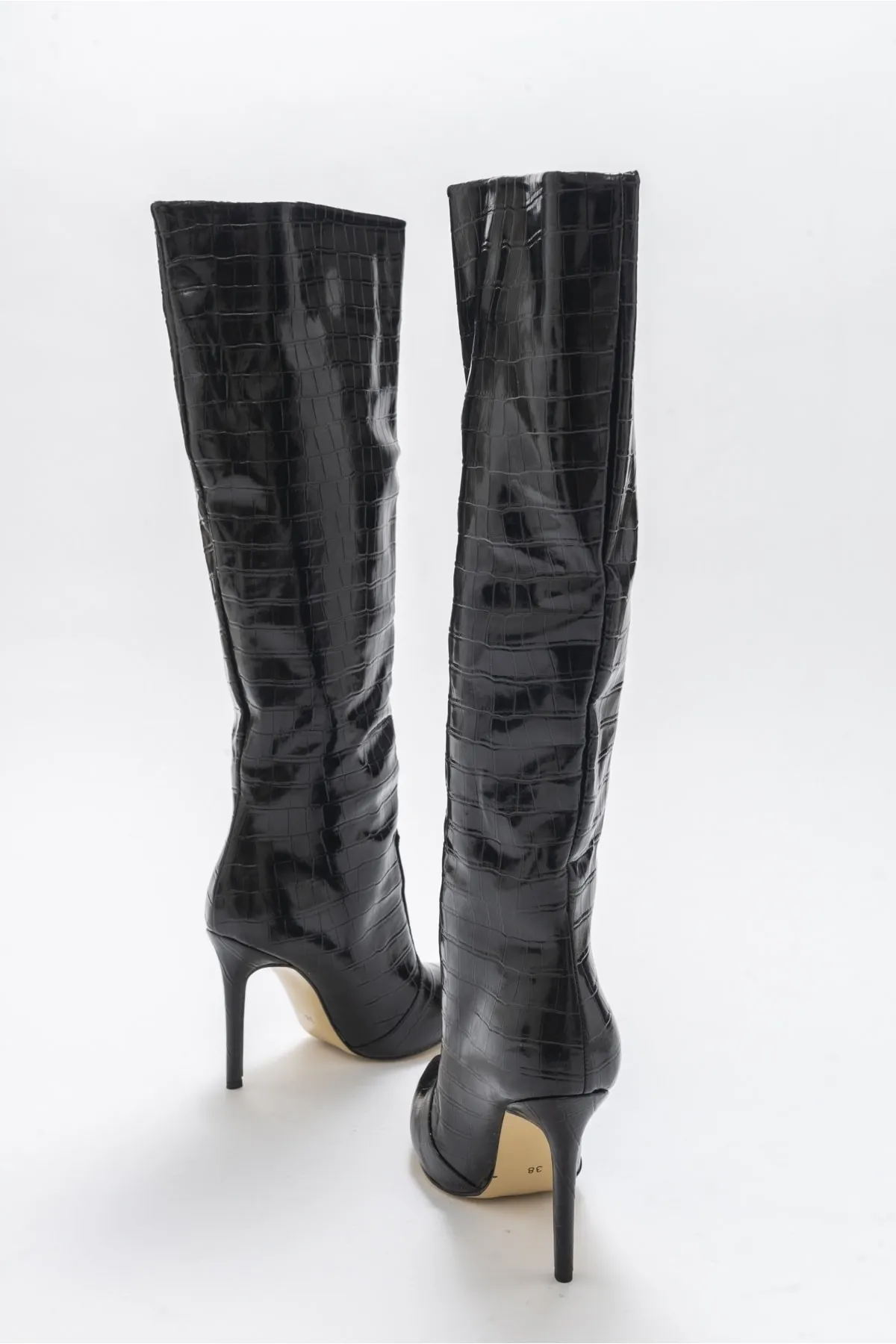 LuviShoes  Marineblaue, schwarz bedruckte Damenstiefel mit Absatz
