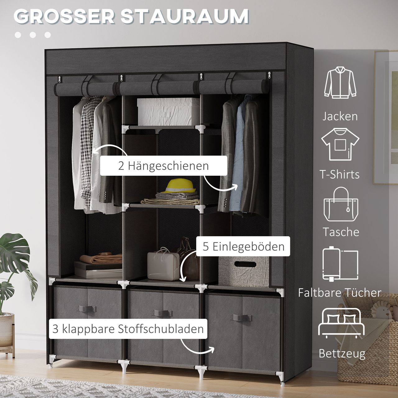 HOMCOM Stoffschrank, Faltschrank mit Reißverschluss, Kleiderschrank, Dunkelgrau