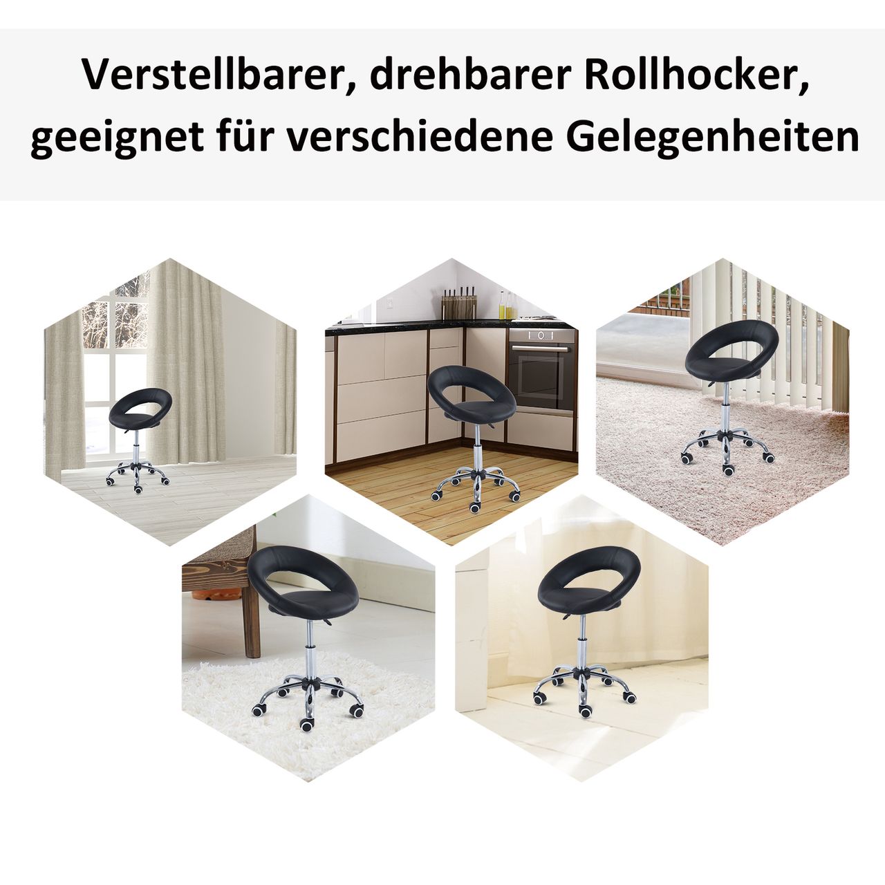 HOMCOM Rollhocker Arbeitshocker Drehhocker Bürostuhl höhenverstellbar, PU Metall, Schwarz, 50 x 54 x (66-78) cm