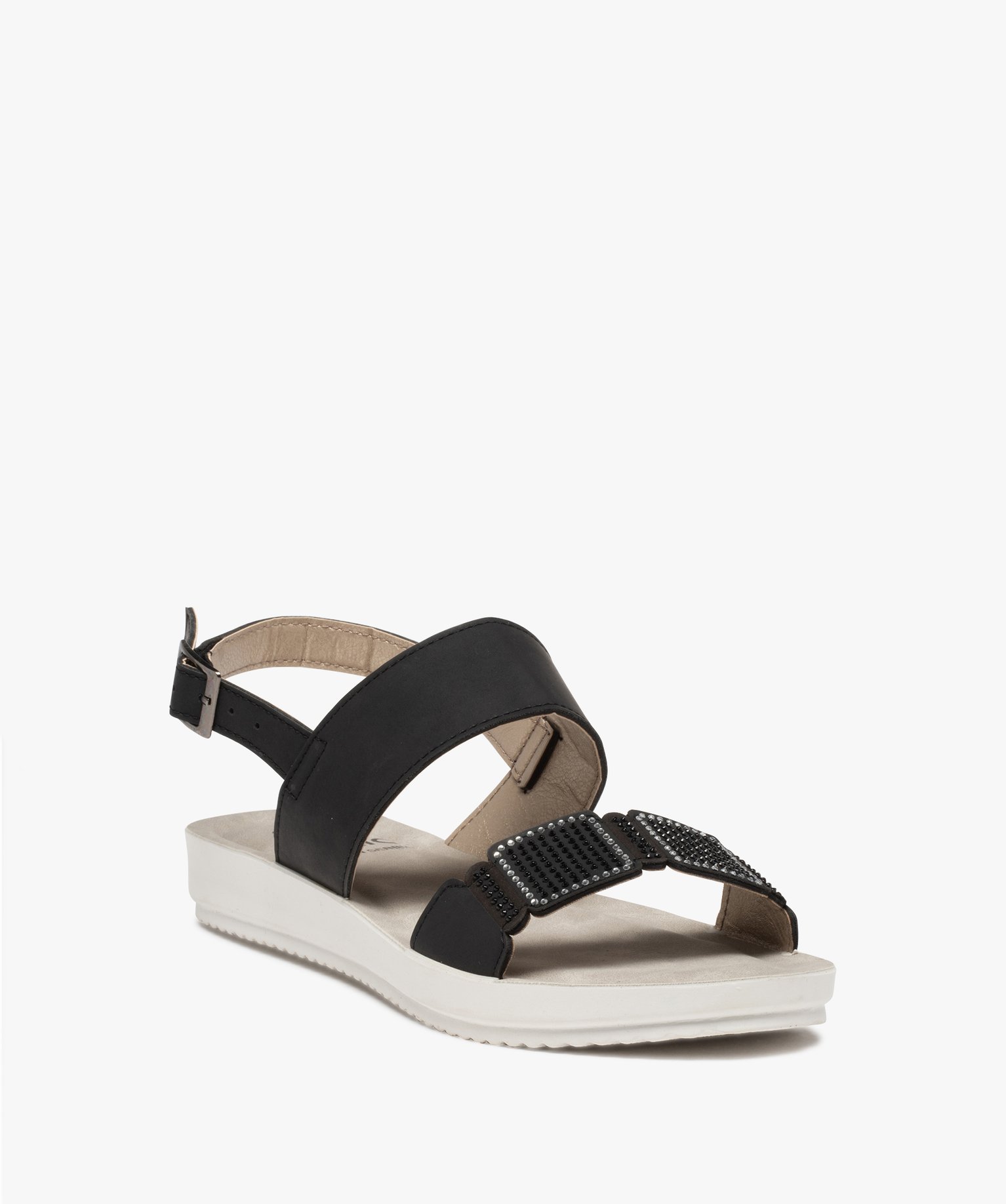 Sandales femme plates dessus uni à strass noir | GEMO
