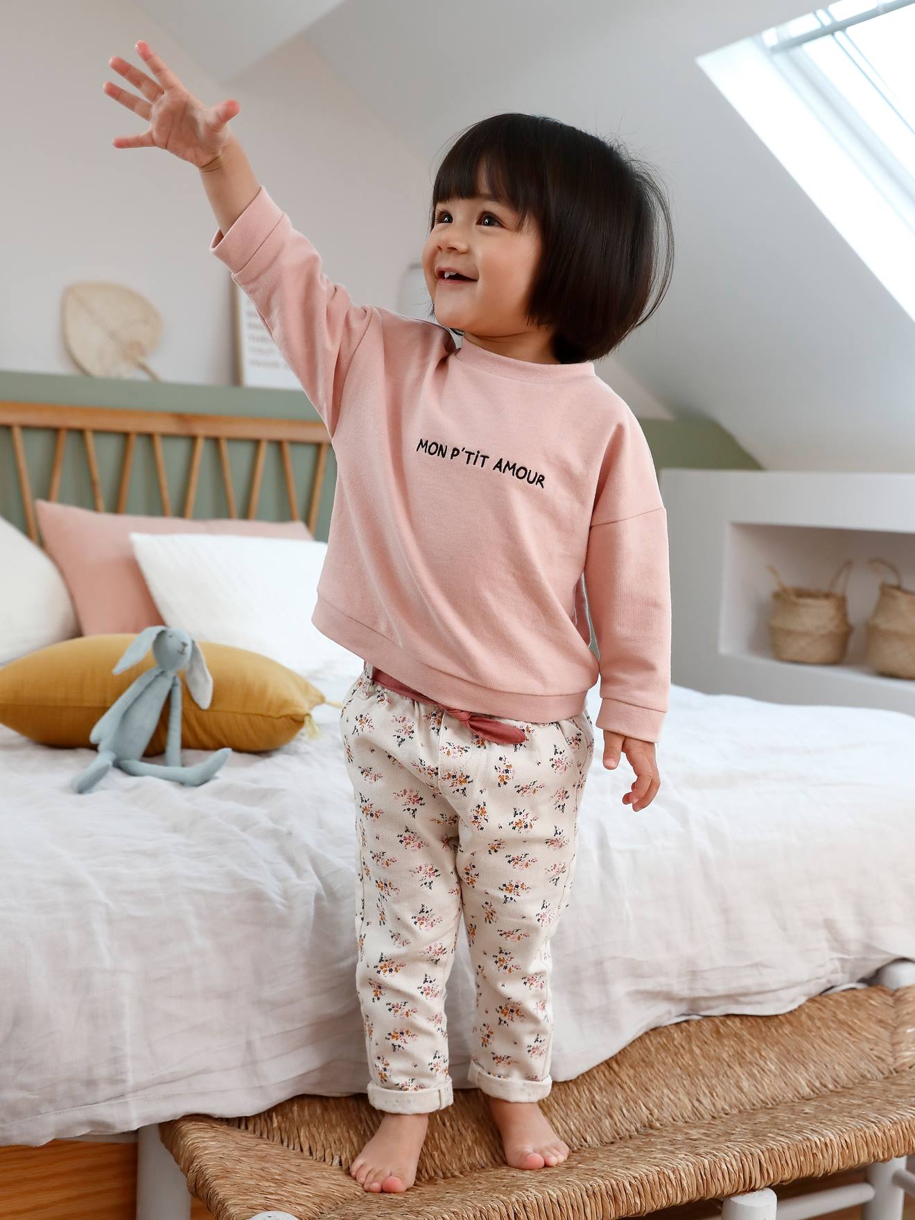 Pantalon paperbag bébé avec ceinture beige clair imprimé