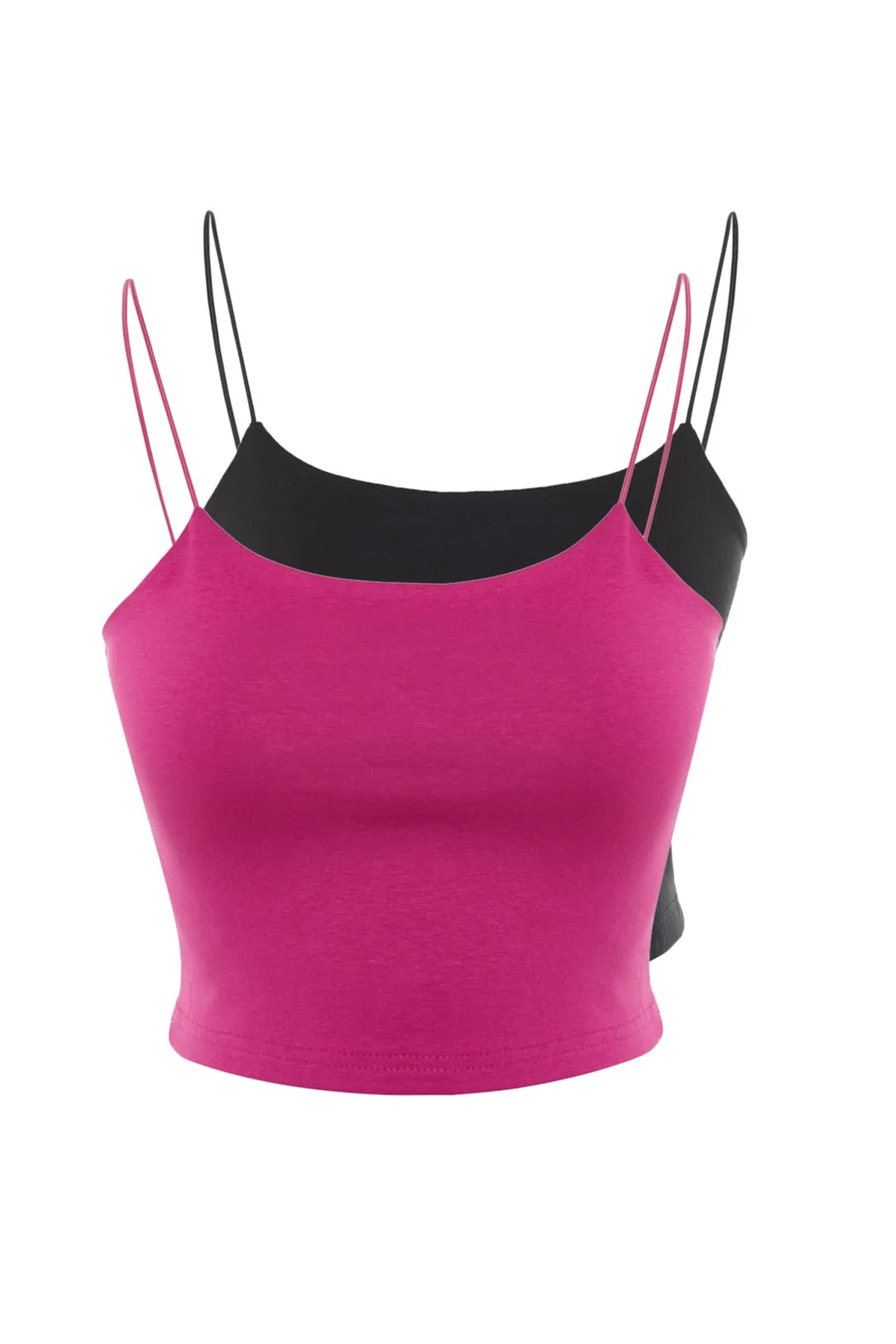 Trendyol Collection  Schwarz-rosa 2er-Pack Baumwoll-Tanktops mit Spaghettiträgern und flexiblem Strickmuster TWOSS21AL0196
