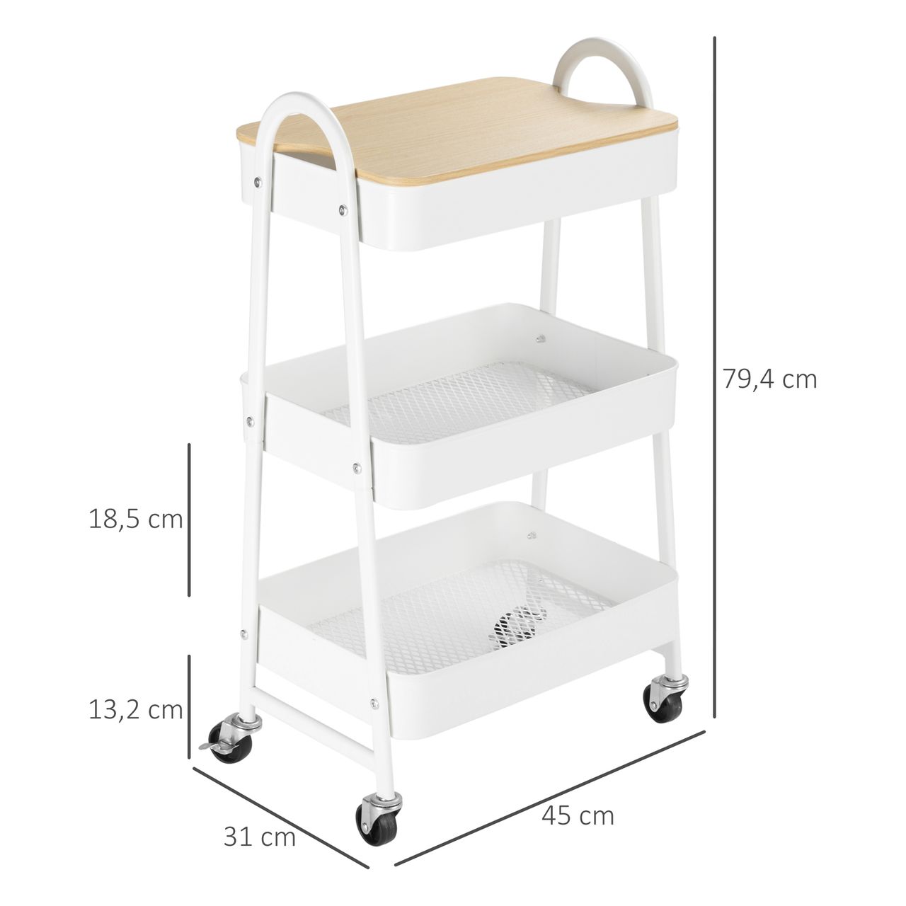 HOMCOM Küchenwagen Metallrollwagen 3-Etagen Metall mit großem Stauraum und Deckel für Küchen und Büro Aufbewahrungswagen Servierwagen Küchenregal mit Rollen Stahl Weiß 45 x 31 x 79,4 cm
