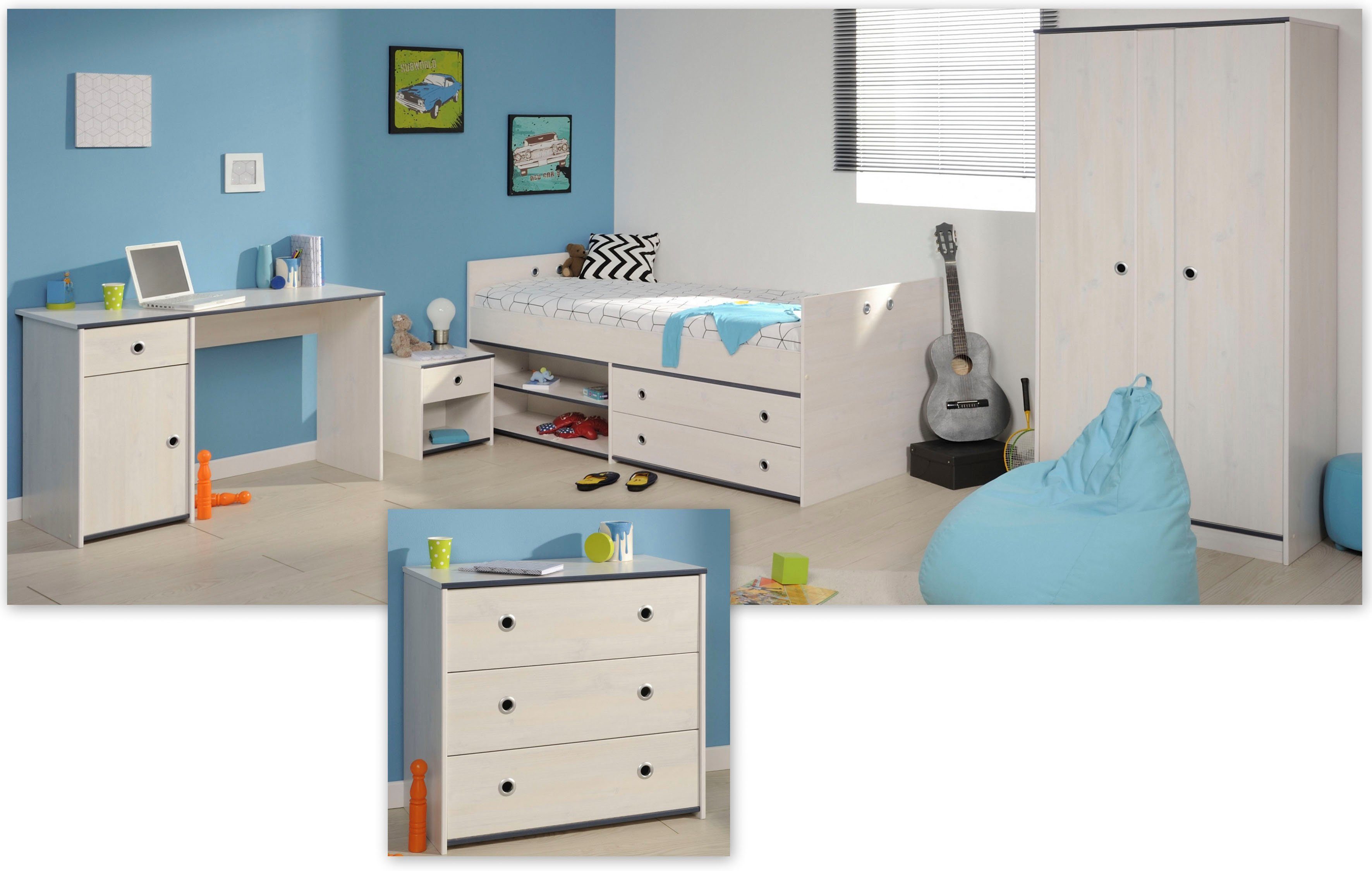 Parisot Jugendzimmer-Set Smoozy, (Set, 5-St., Stauraumbett, Nachttisch, Kleiderschrank, Schreibtisch und Kommode)