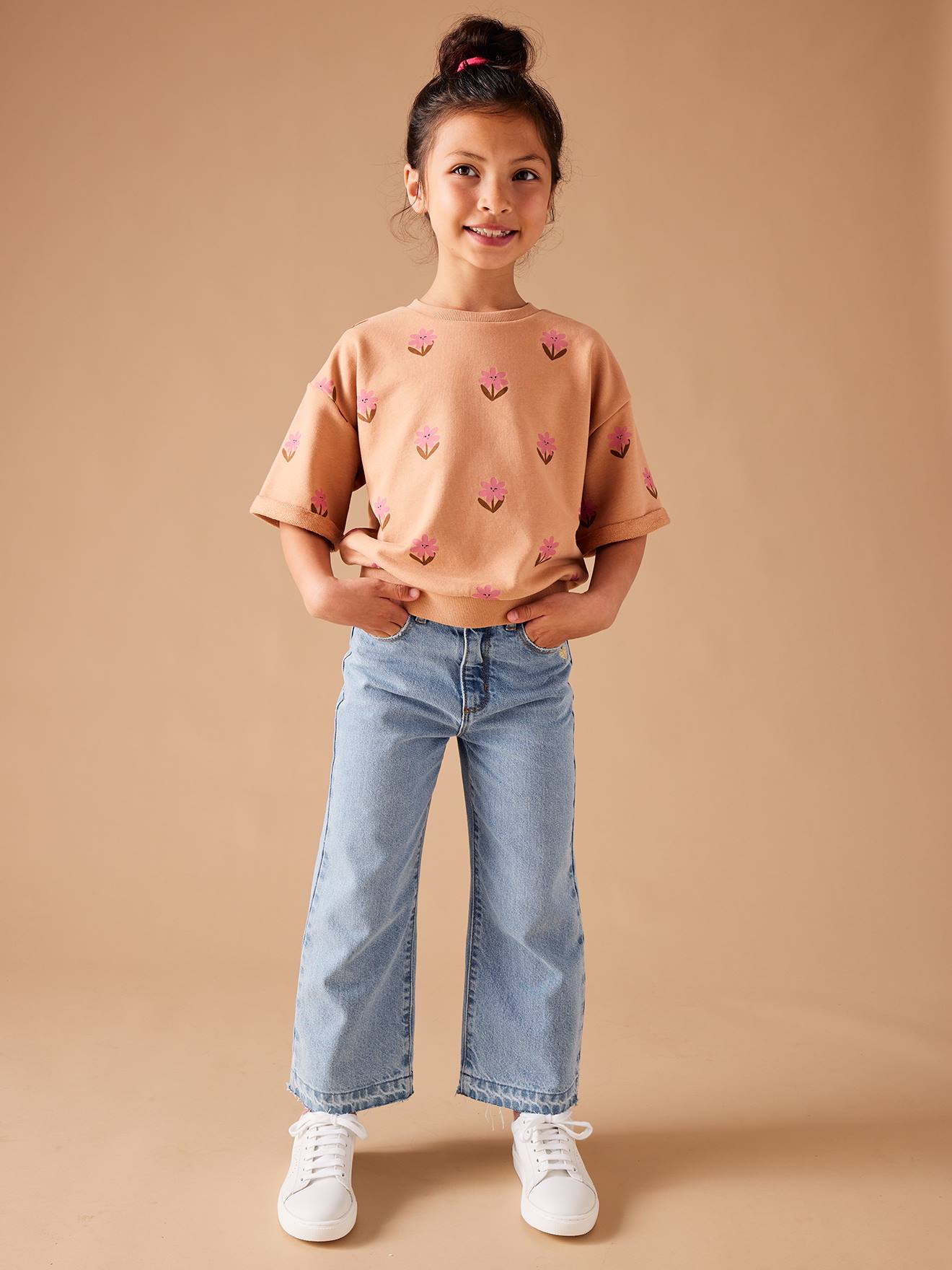Sweat fleurs pop manches courtes filles pêche