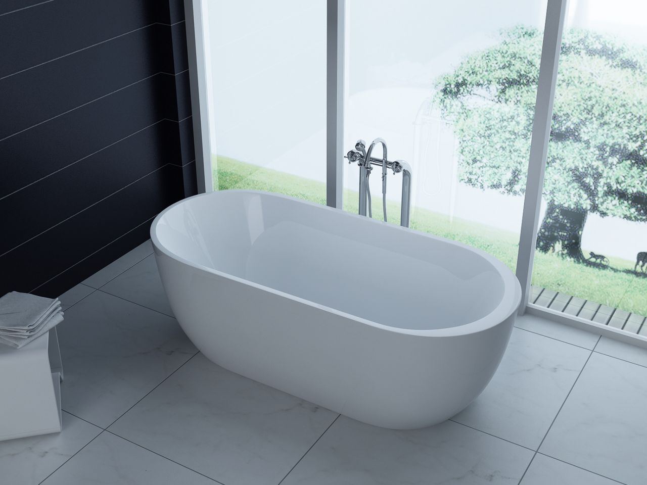 PureHaven freistehende Luxus Acryl-Badewanne 170x80 cm elegant inkl. Siphon Überlaufschutz leicht zu pflegende Oberfläche extra starker Rahmen Weiß