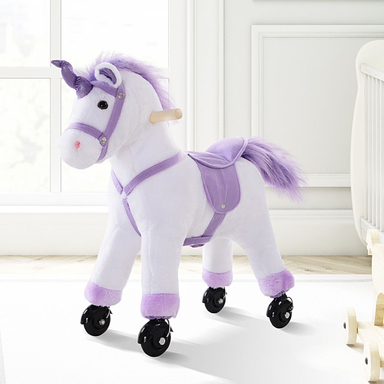 HOMCOM Reitpferd auf Rollen Spielpferd Reittier Fortbewegung Wiehern Plüsch Lila 55 x 23 x 60 cm