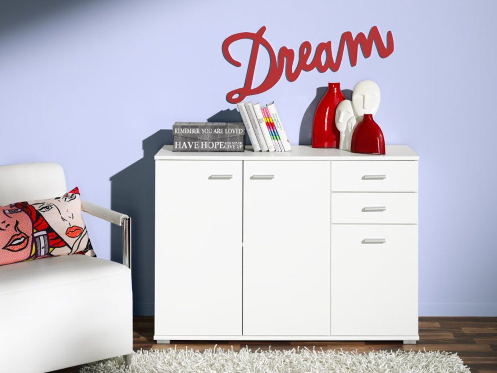 möbelando Sideboard Uwe, mit 3 Drehtüren, 2 Schubkästen und einen Fachboden. Breite 107 cm, Höhe 74 cm, Tiefe 34 cm