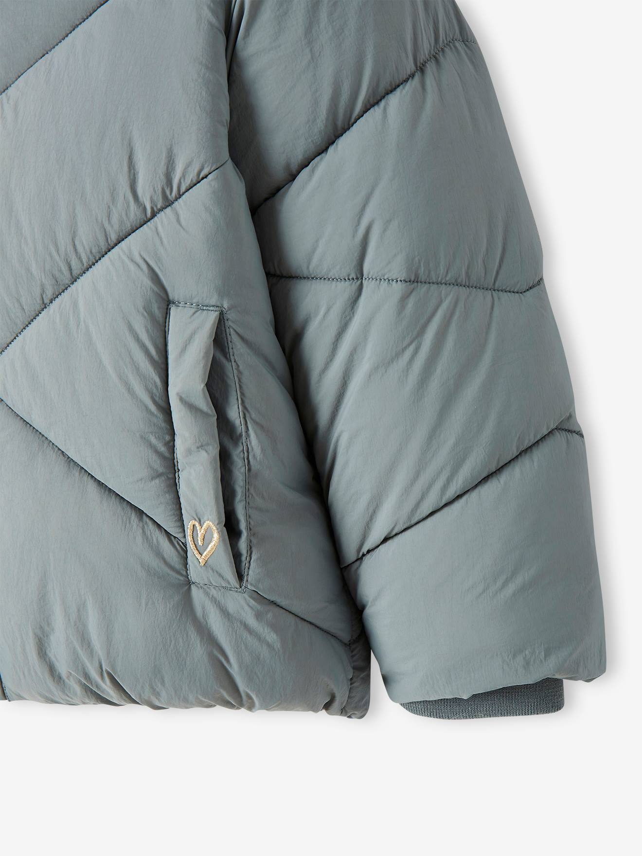 Doudoune courte à capuche doublée sherpa fille. vert