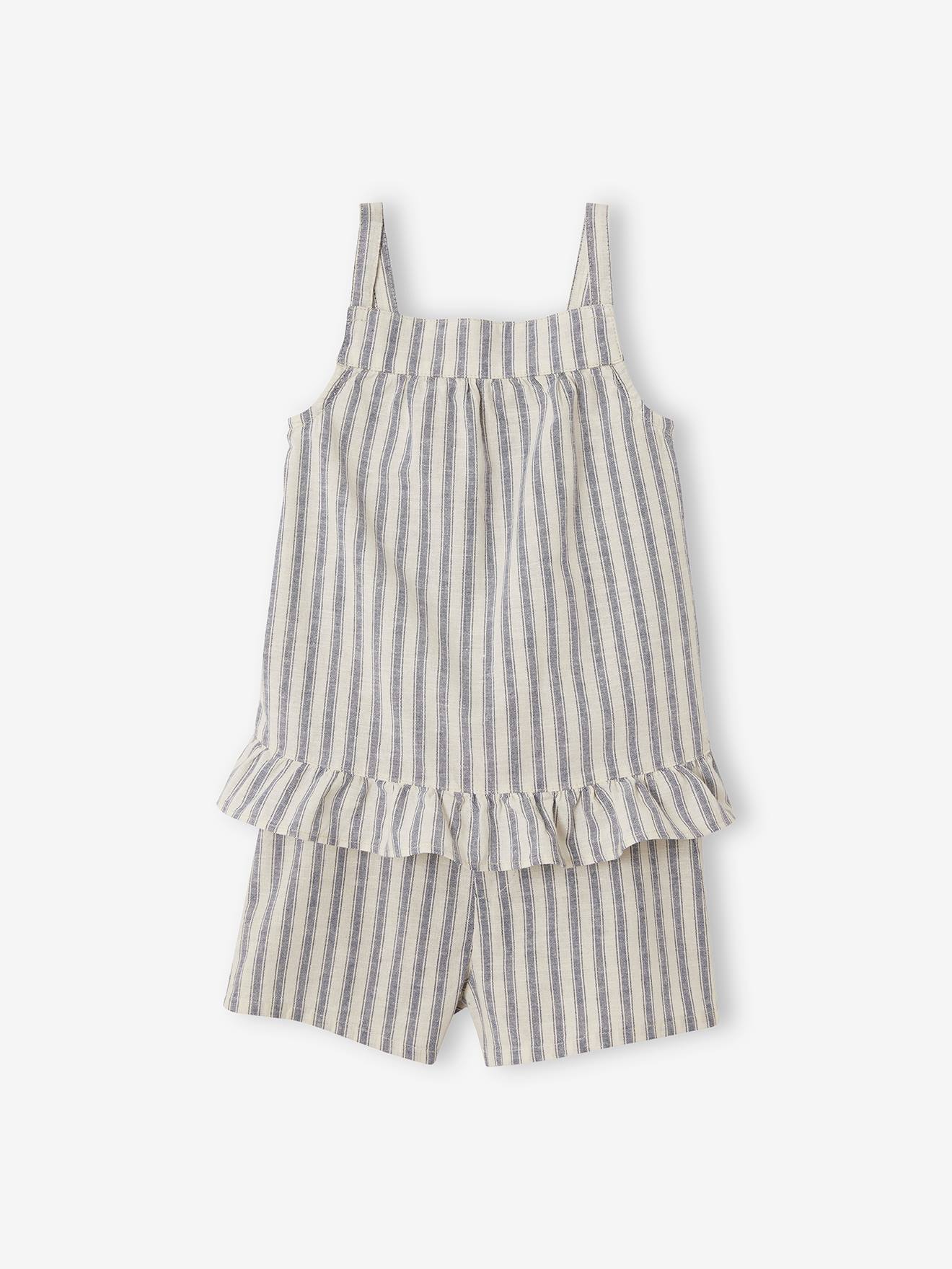 Ensemble rayé fille débardeur volanté et short assorti écru rayé