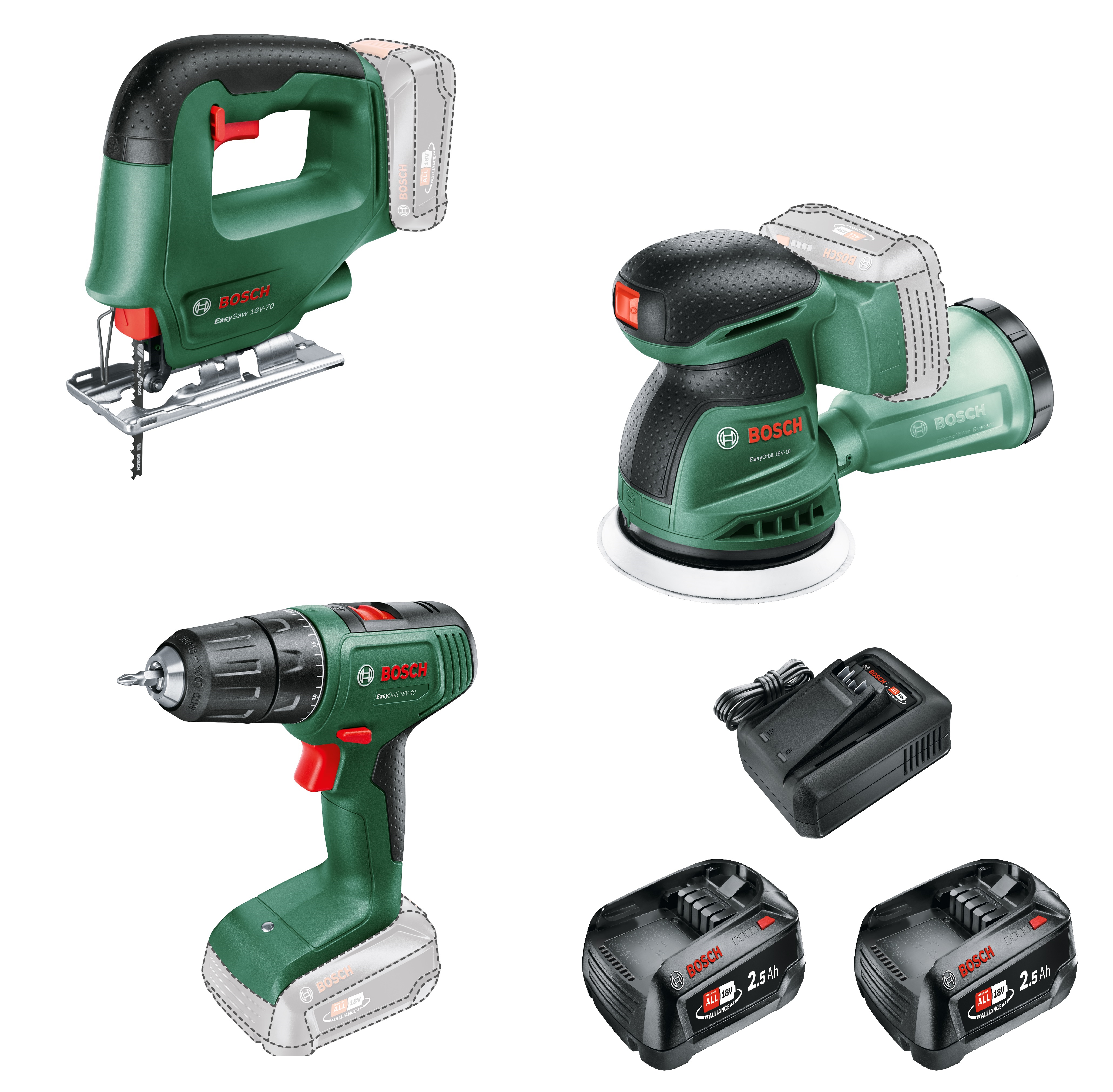 Trusă de scule fără fir Bosch Green 0615A500A9, pachet combinat, 3 mașini, 2 baterii de 18V 2.5Ah și încărcător AL 18V-44 și geantă de scule în cutie