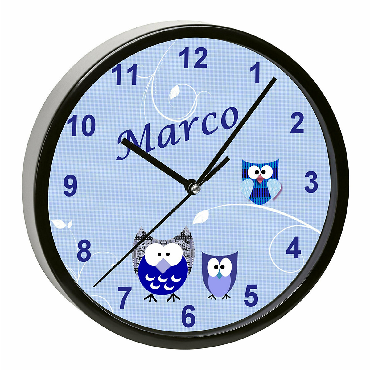 Kinder Wanduhr laufruhig personalisiert mit Name Eule Blau