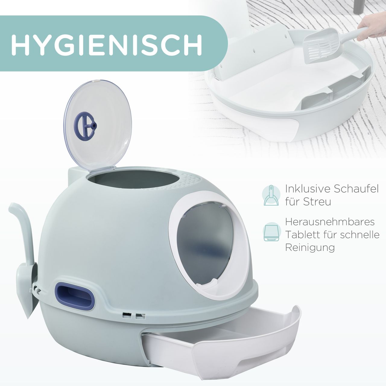 PawHut Katzentoilette mit Dachfenster, Katzenklo mit Bodenschale, mit Schaufel, Tragbar, PP ABS, See-Blau, 47 x 55 x 44 cm