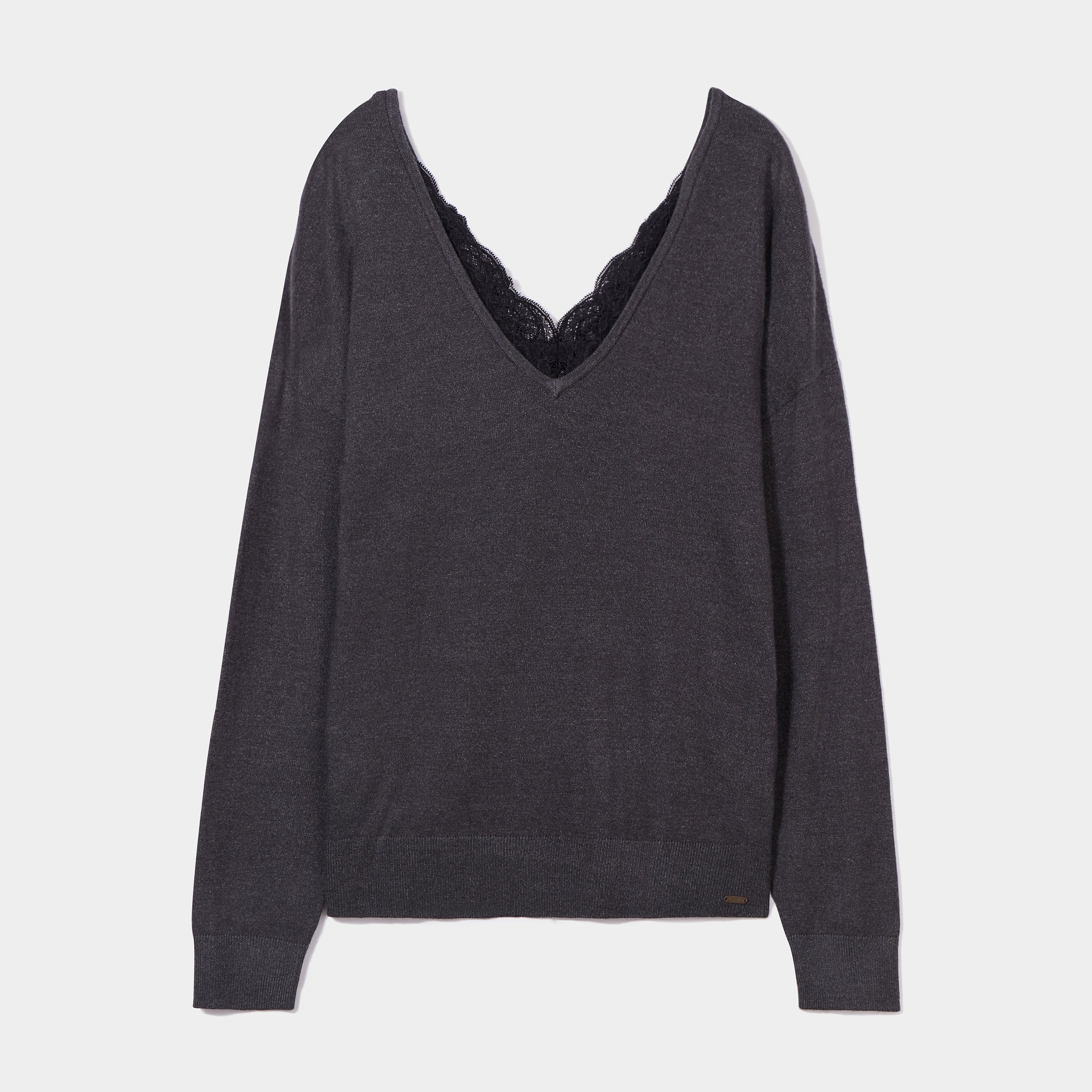 Pull dos en V avec dentelle gris foncé femme | La Halle