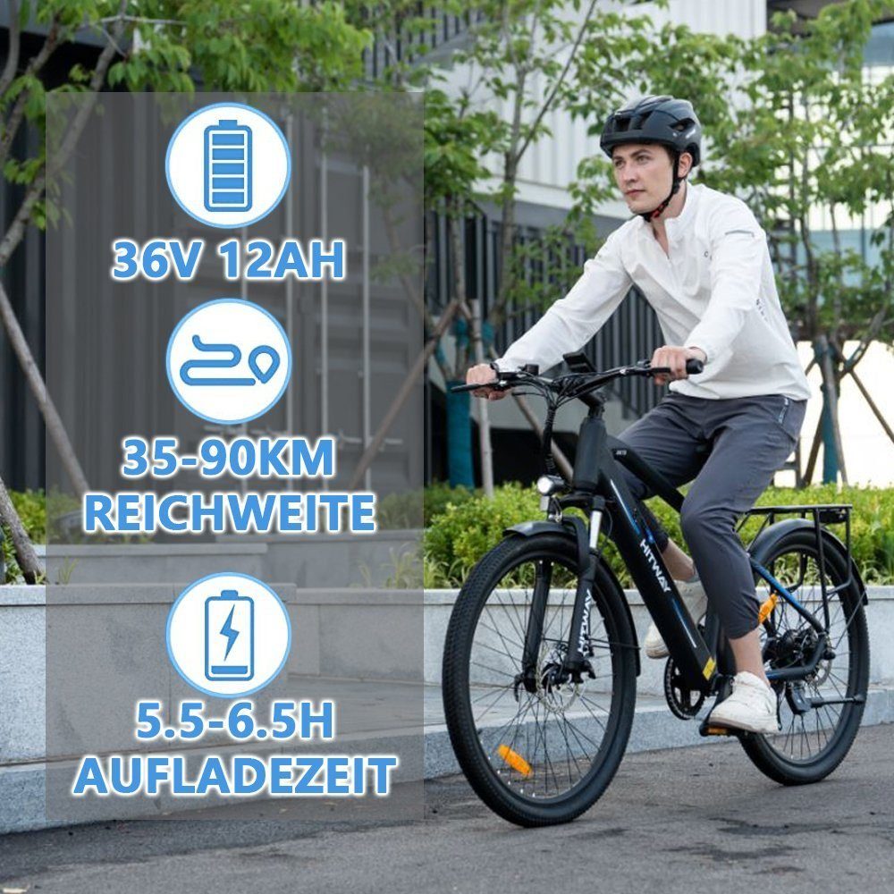 HITWAY E-Bike Elektrofahrrad 26 Zoll Pedelec E-Citybike 36V 12Ah, 7 Gang Shimano Shimano Schaltwerk, Kettenschaltung, Heckmotor, 432 Wh akku, 35-90km Hardtail E-MTB Pedalassistenzmodus Shimano 7 GANG