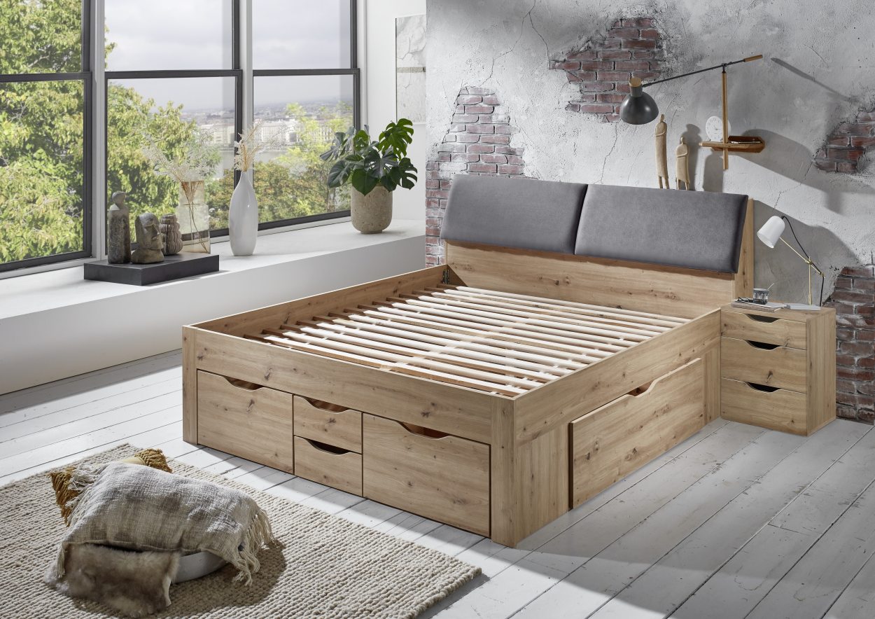 Relita Funktionsbett Maxi 180 x 200 cm, mit Rolllattenrost mit 6 Bettschubladen und Stauraum-Polster-Kopfteil Eiche Artisan Dekor