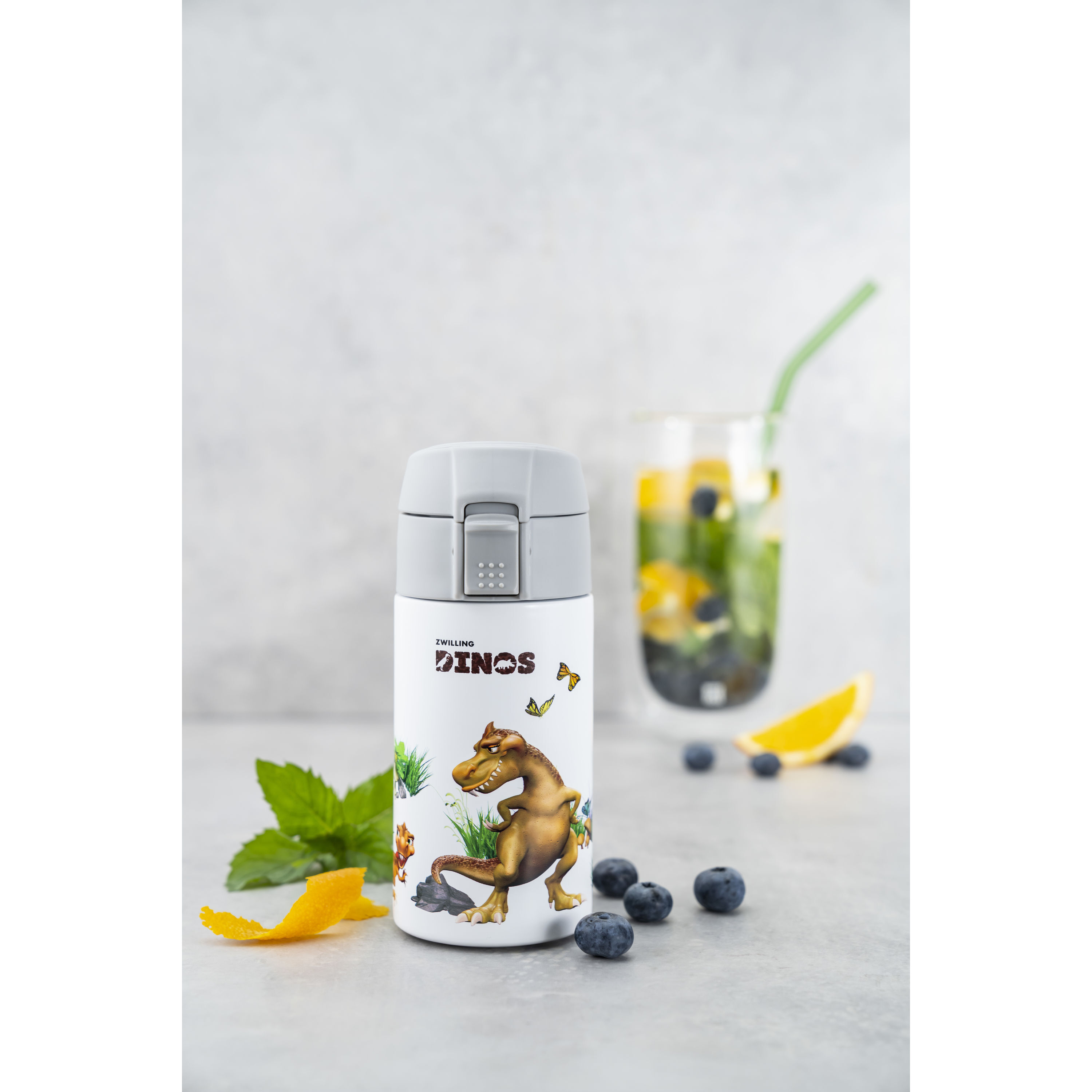 Trinkflasche DINOS, 350 ml, Edelstahl, Weiß-grau
