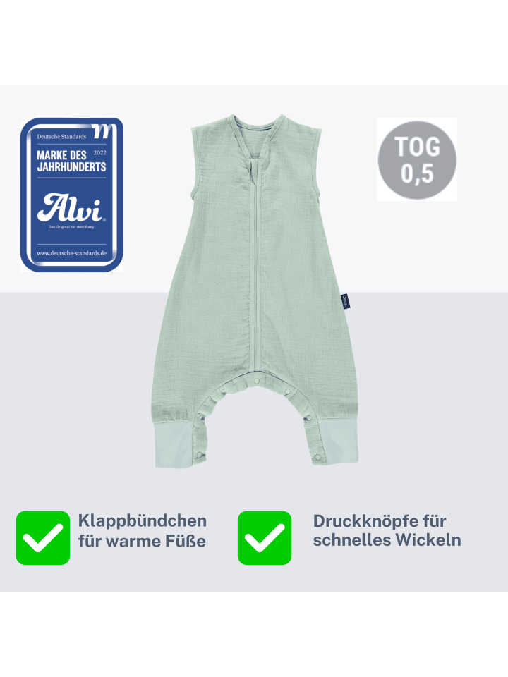 Alvi Sleep-Overall Mull-Schlafsack light Exklusiv in Hellgrün günstig kaufen