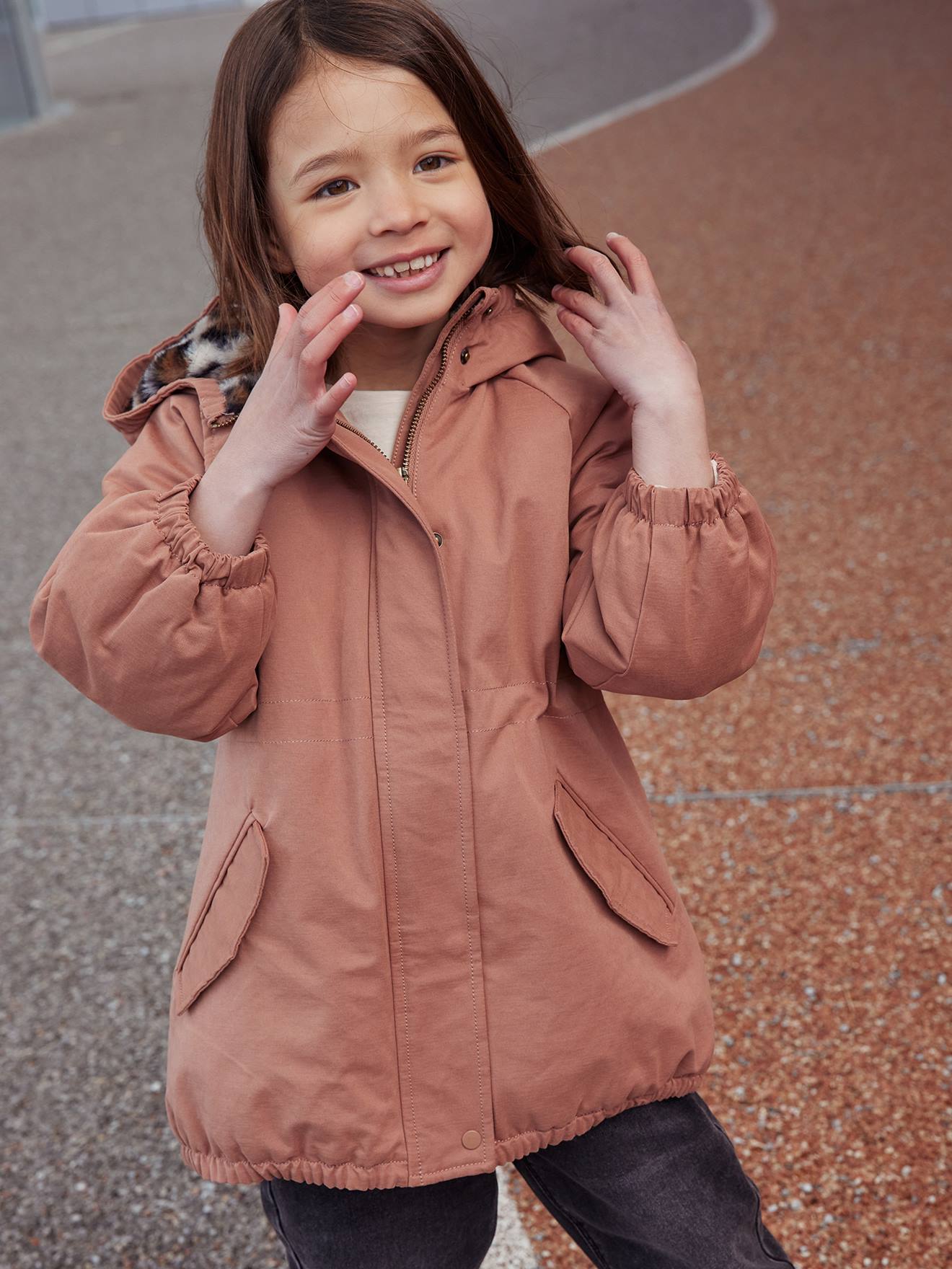 Parka à capuche fille doublée imitation fourrure kaki
