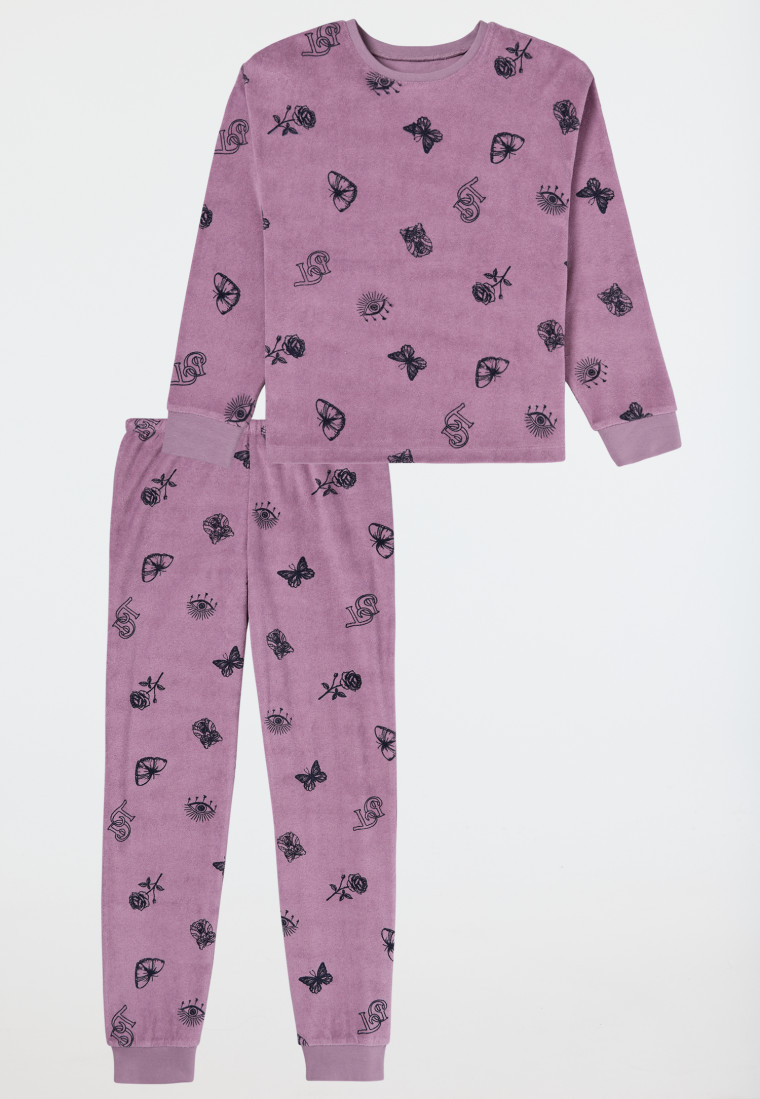 Schlafanzig lang Frottee Bündchen Schmetterlinge mauve - Nightwear