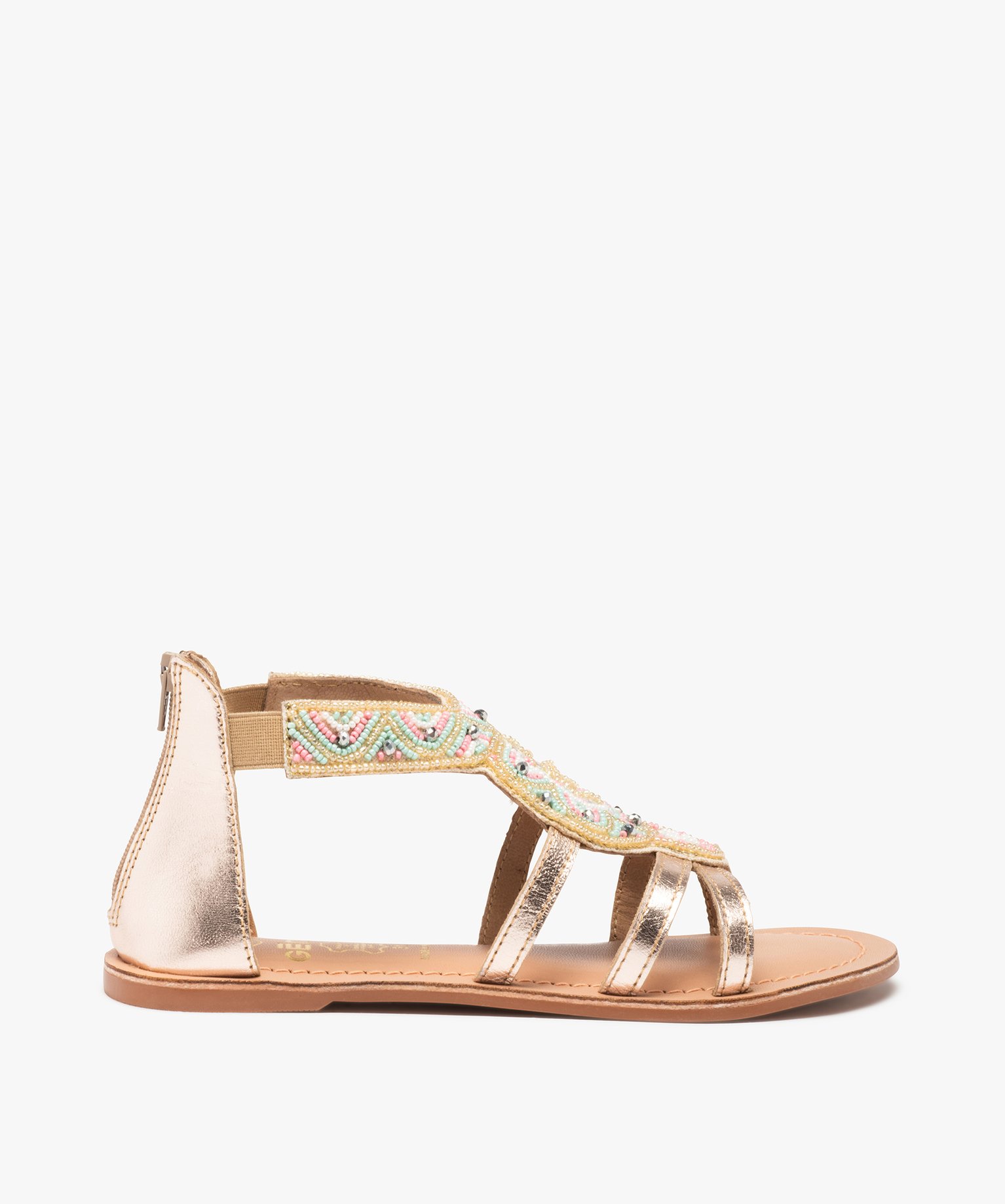 Sandales fille à talon plat et dessus perlé contrefort zippé or | GEMO