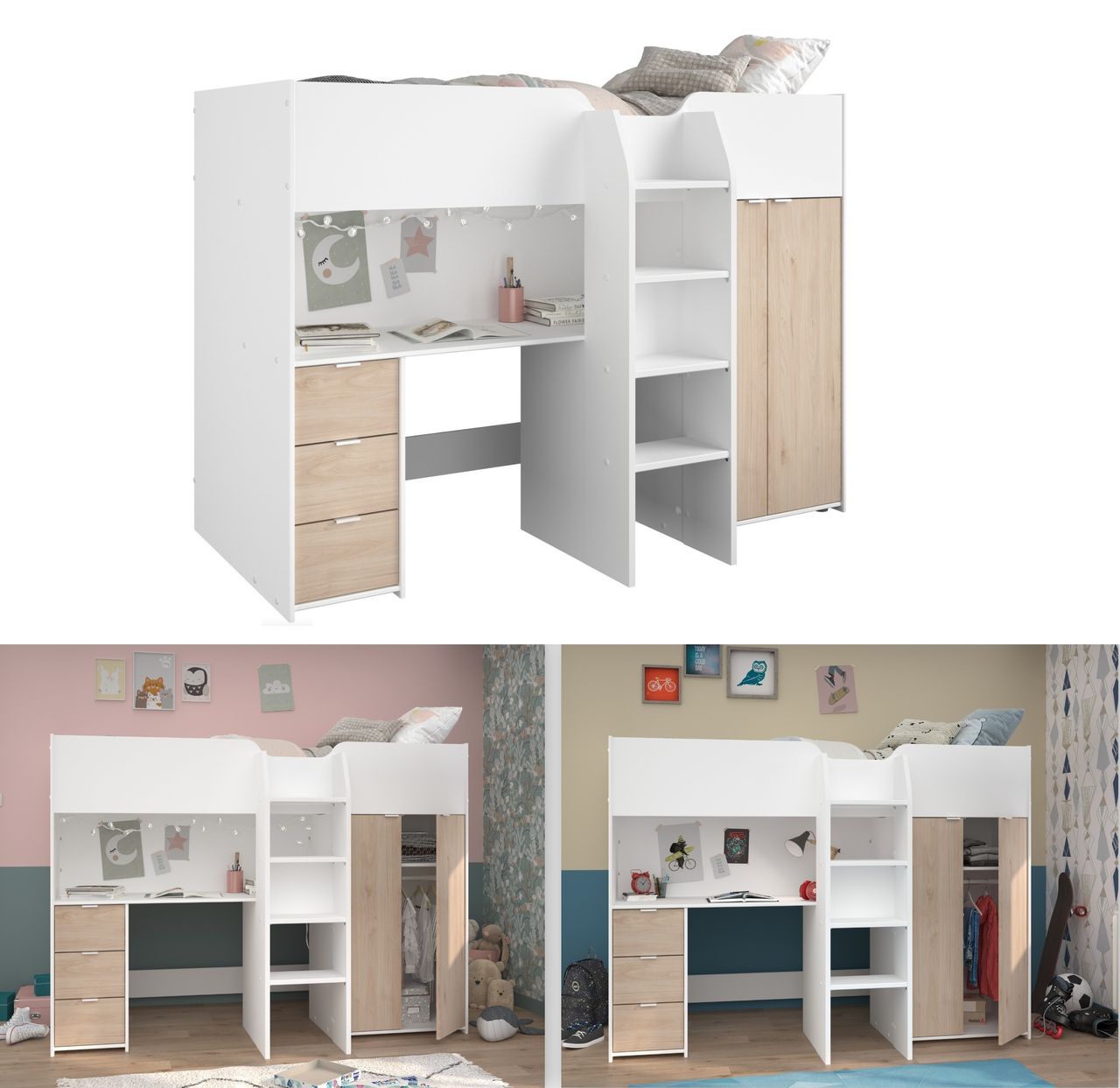 Parisot Hochbett, Tom - mit integriertem Schreibtisch und Kleiderschrank
