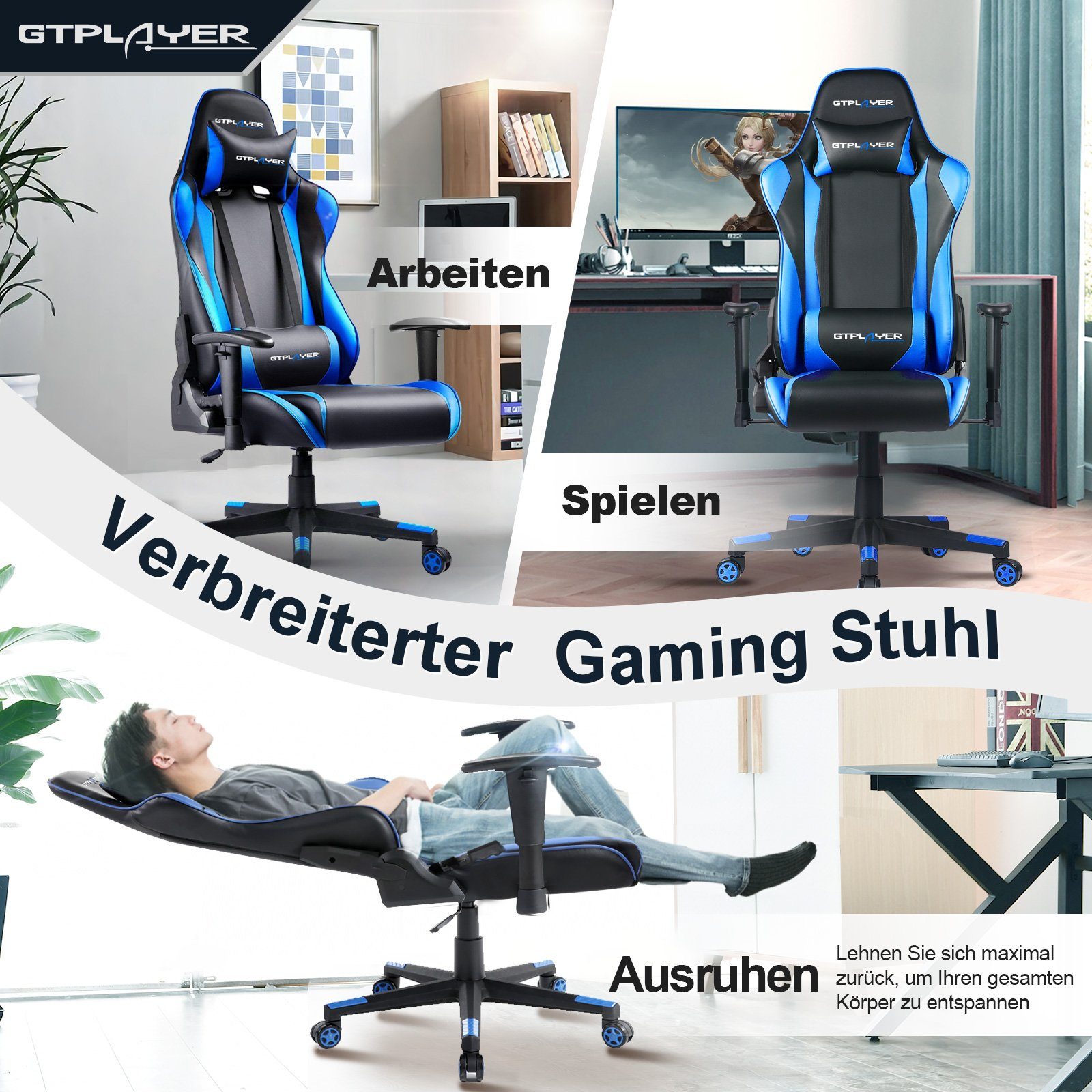 GTPLAYER Gaming-Stuhl Bürostuhl Gaming Stuhl Gaming Sessel ergonomischer Gamer Stuhl, bis 150 kg belastbar, Neigungswinkel 90°-165°