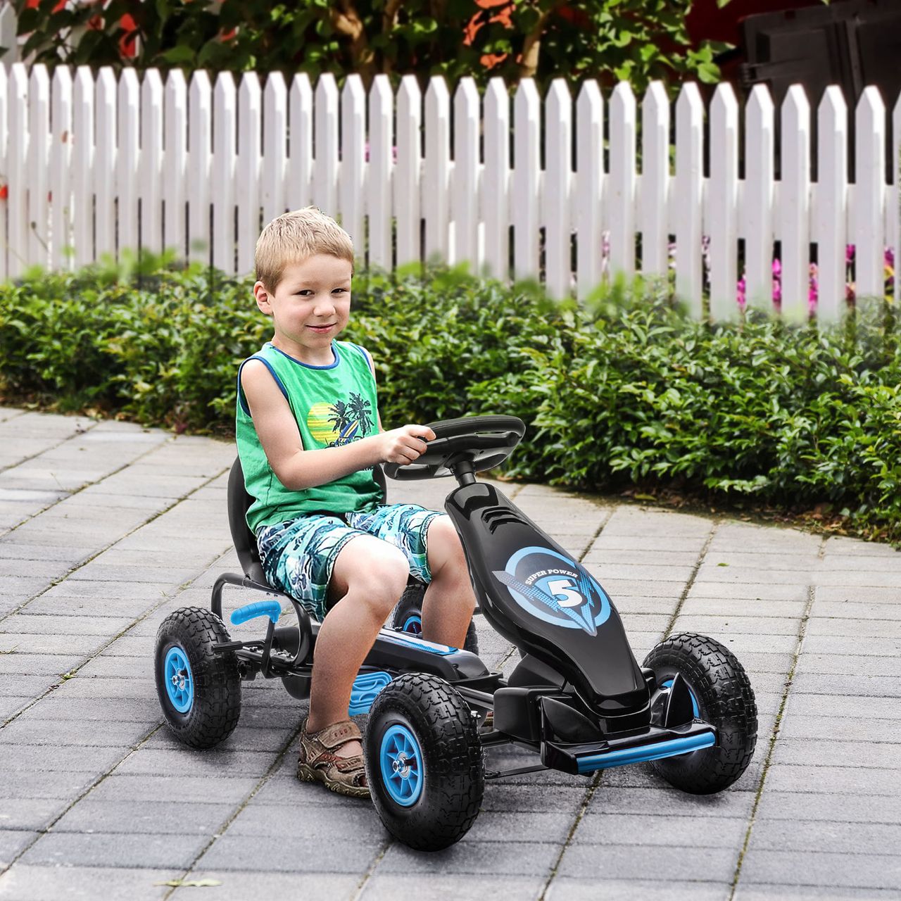 HOMCOM Gokart, Kinderfahrzeug mit Pedal, Tretauto, Outdoor, Blau Schwarz