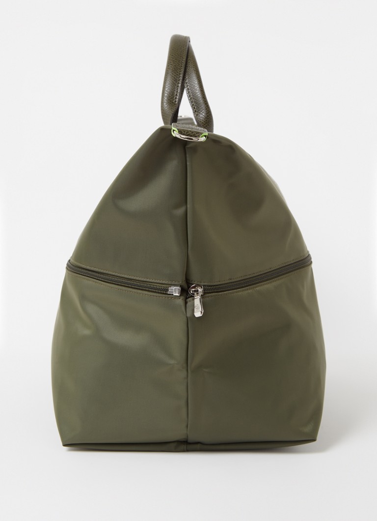 Geantă de voiaj extensibilă Longchamp Le Pliage, verde, cu detalii din piele.