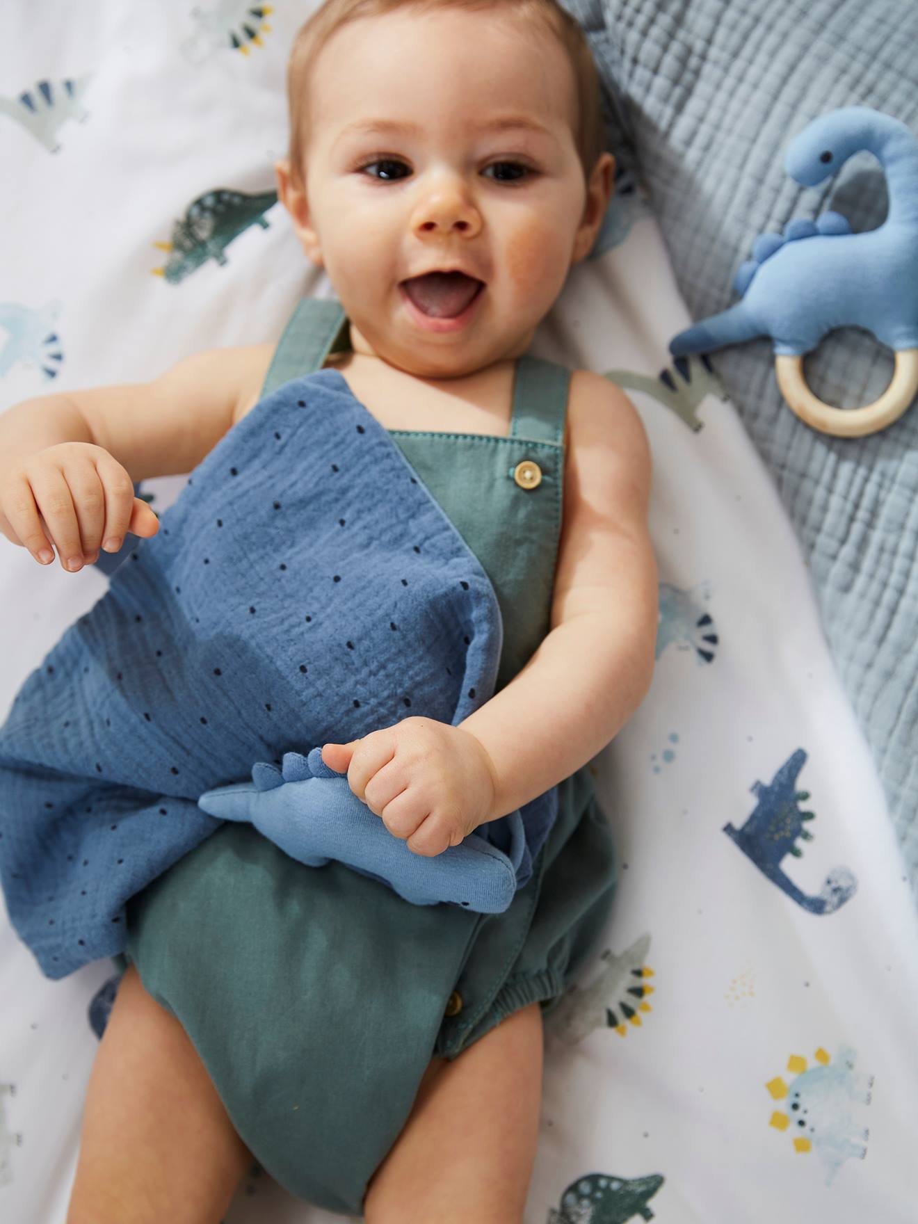 Vertbaudet Baby Geschenk-Set: Schmusetuch und Greifling KLEINER DINO - blau