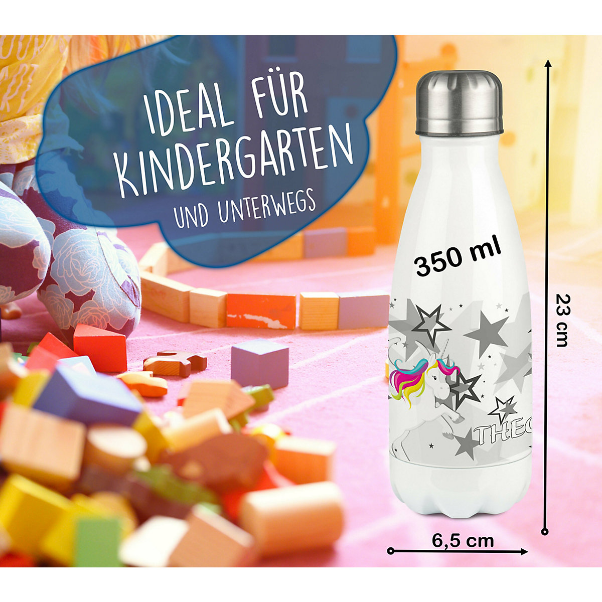 Edelstahl Kinder Thermoflasche / Trinkflasche bunt Pegasus Sterne Farbe grau Spülmaschinenfest, Auslaufsicher, Bruchfest, Doppelwandig, Für Heißgetränke geeignet, Mit Deckel, Isoliert