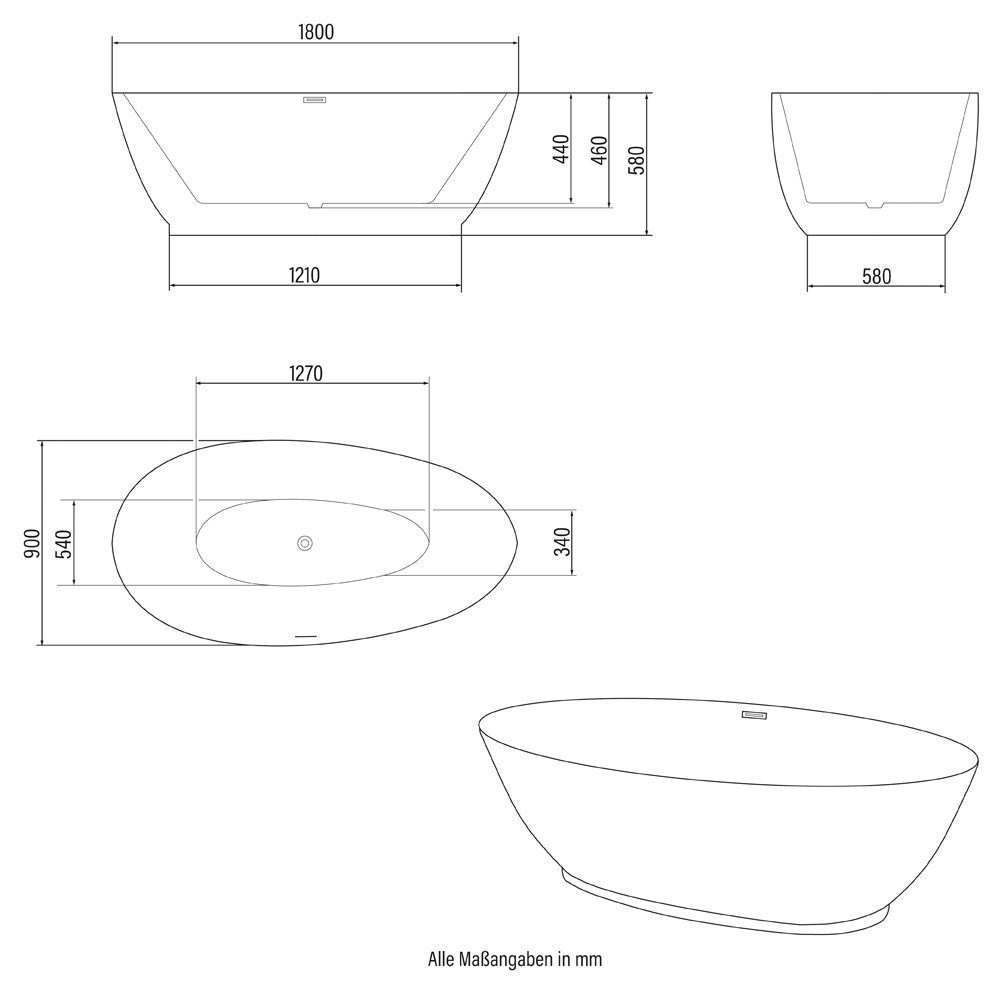 HOME DELUXE Badewanne Freistehende Badewanne DELIA, (1-tlg), 180 x 90 x 58 cm - Füllmenge: 270 Liter I Freistehende Badewanne Spa