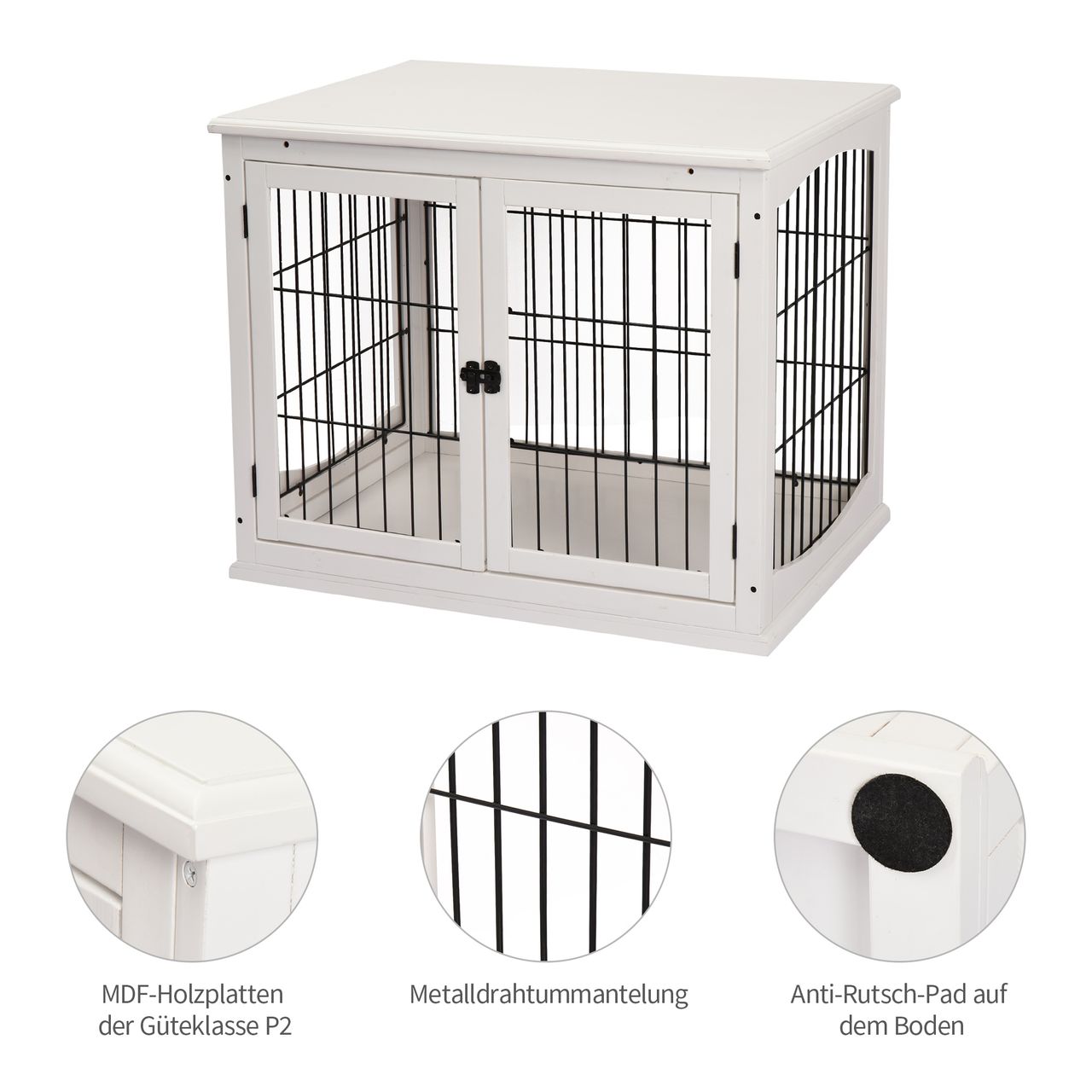PawHut Hundehütte mit Tischoberfläche, Hundebox für innen, Hundekäfig für Zuhause, 2 Türen, Tierkäfig, Haustier, MDF, Metall, Weiß, 81 x 58,5 x 66 cm