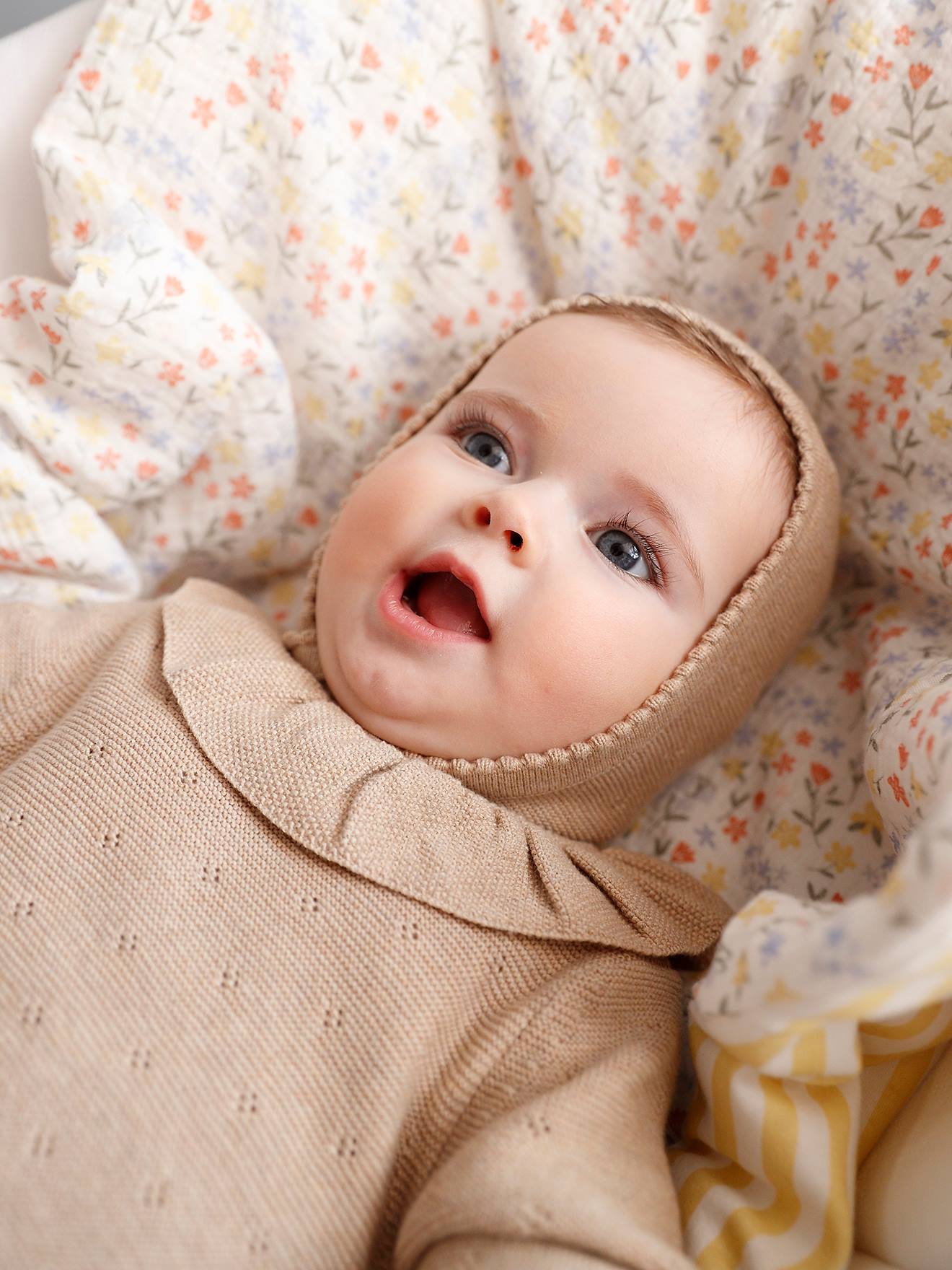 Vertbaudet Baby-Set: Strick-Kurzoverall mit langen Ärmeln & Mütze Oeko-Tex - beige meliert