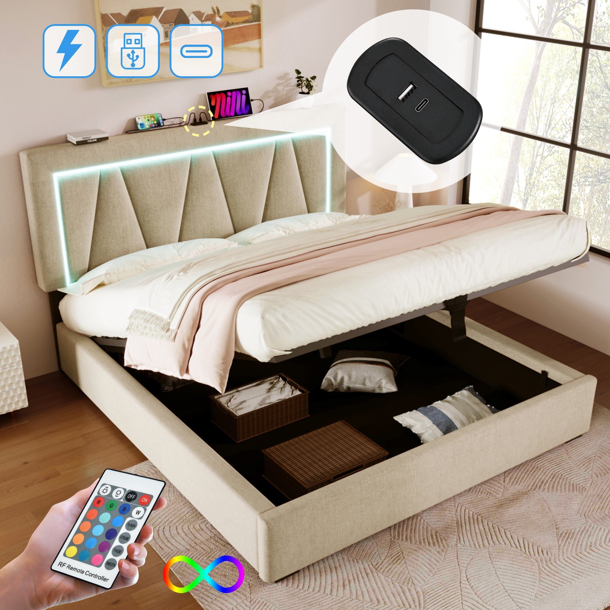 Flieks Polsterbett, LED Doppelbett Stauraumbett + USB/Typ-C Ladefunktion 140x200cm Leinen