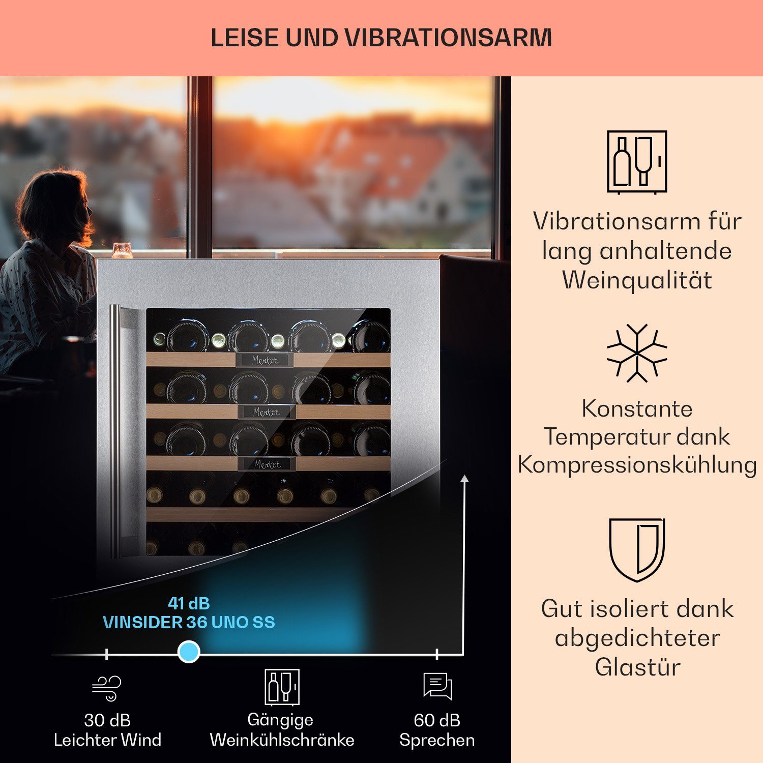 Klarstein Weinkühlschrank Vinsider 36 Built-In Uno, für 36 Standardflaschen á 0,75l
