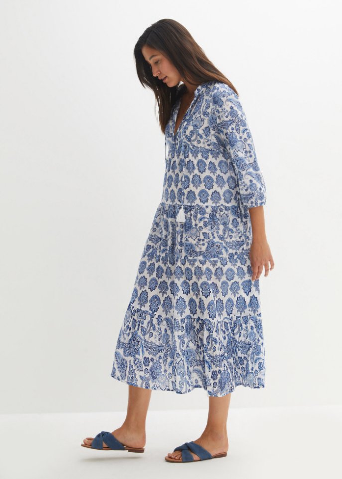 Crincle- Baumwollmidikleid mit Taschen und 3/4- Arm