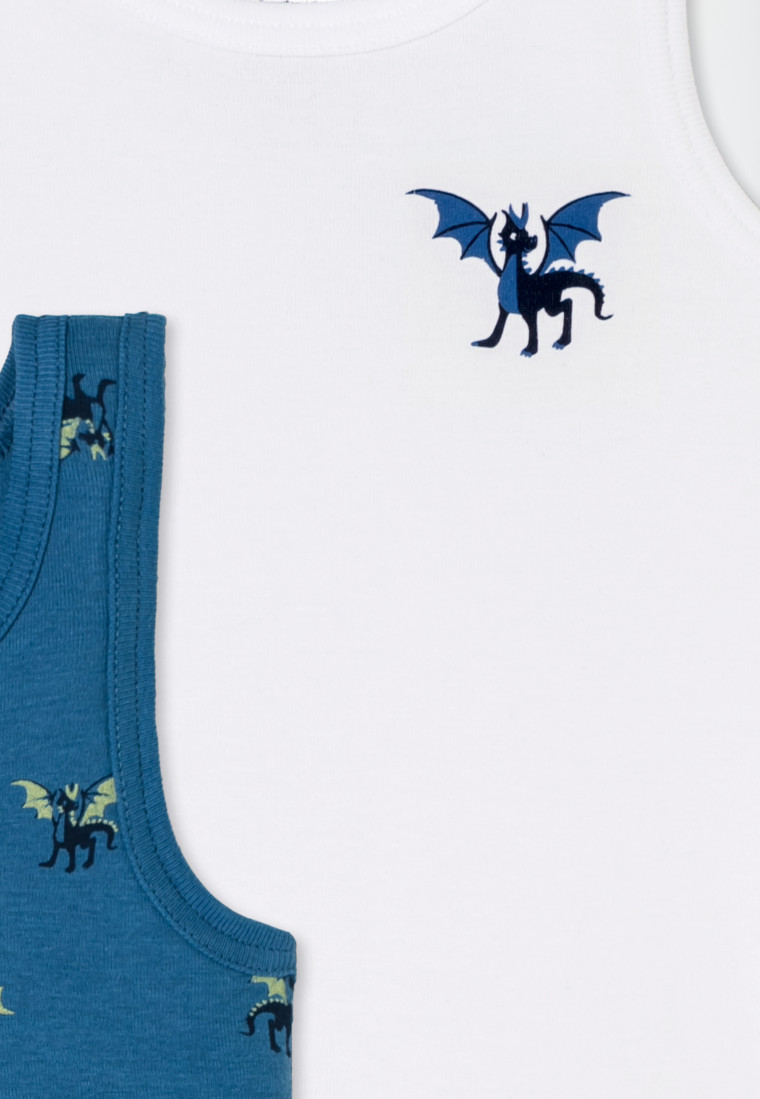 Unterhemden 2er-Pack Drachendruck blau/weiß - Fine Rib