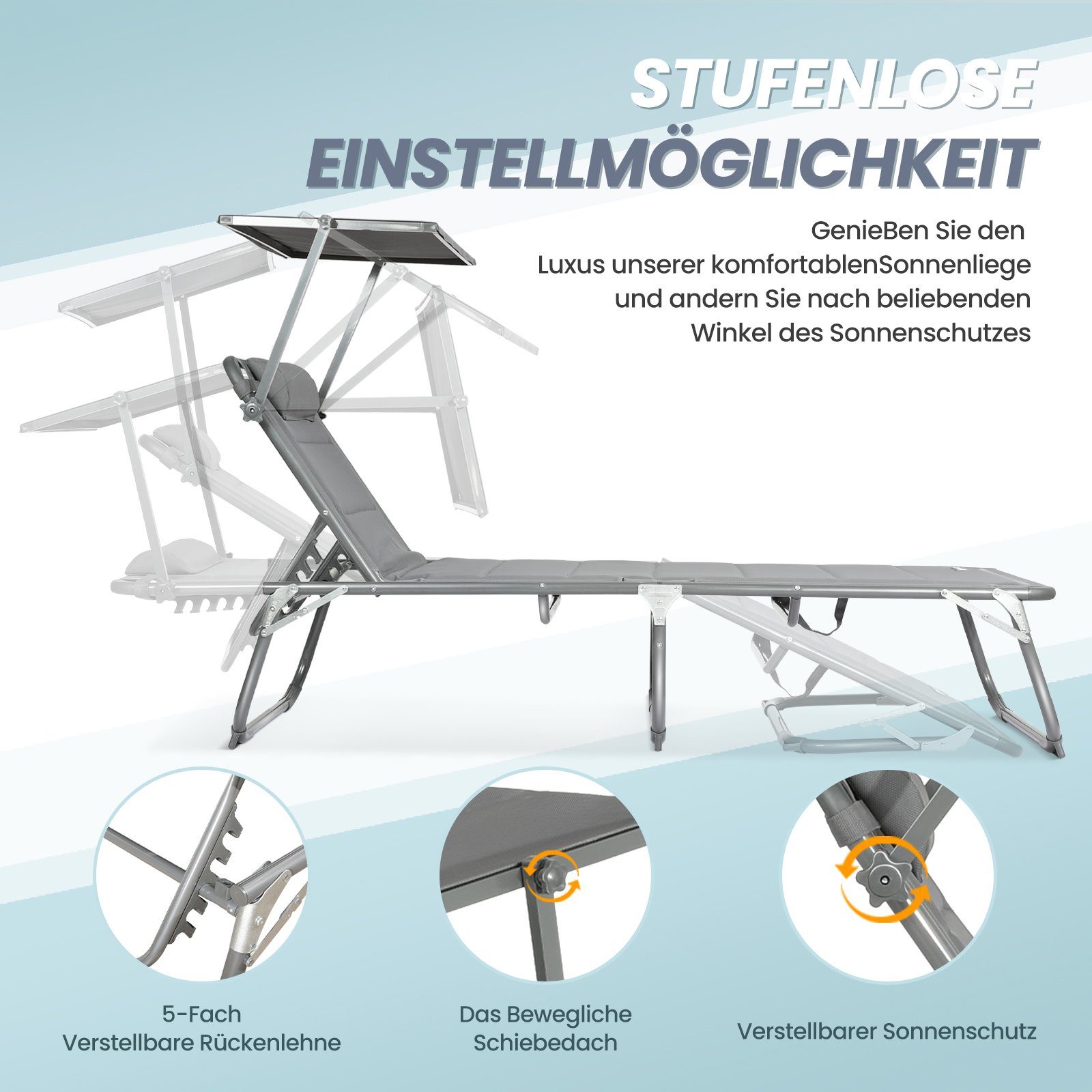 HOMECALL Gartenliege Sonnenliege AluLiege Liegestuhl Strandliege, klappbar, Textilene Mit Dickem Schwamm, Verstellbare Rückenlehne, Sonnenblende, Kopfpolster, bis 150KG