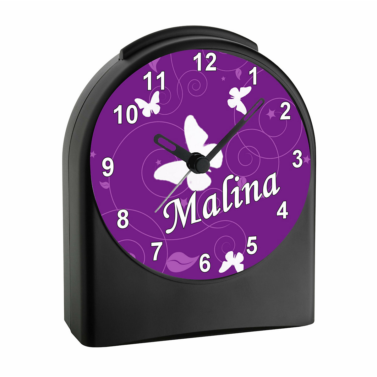 Kinder Funkwecker personalisiert mit Namen Schmetterling Ornamente Atom-/Funkuhr, 12-Stunden-Anzeigeformat, Schlummerfunktion, Nachtlicht, Geräuschlos/Ohne Ticken