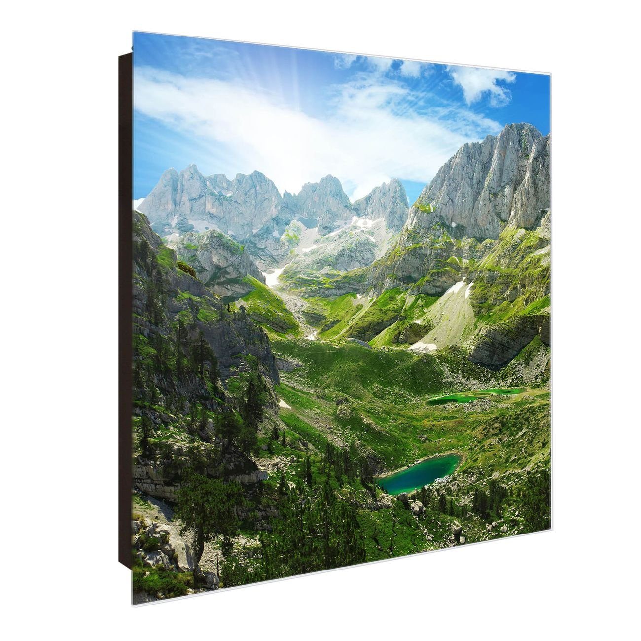 banjado Schlüsselkasten Glas Bergsee Alpen (Stahl Gehäuse, mit 50 Haken), 30 x 30 x 5 cm