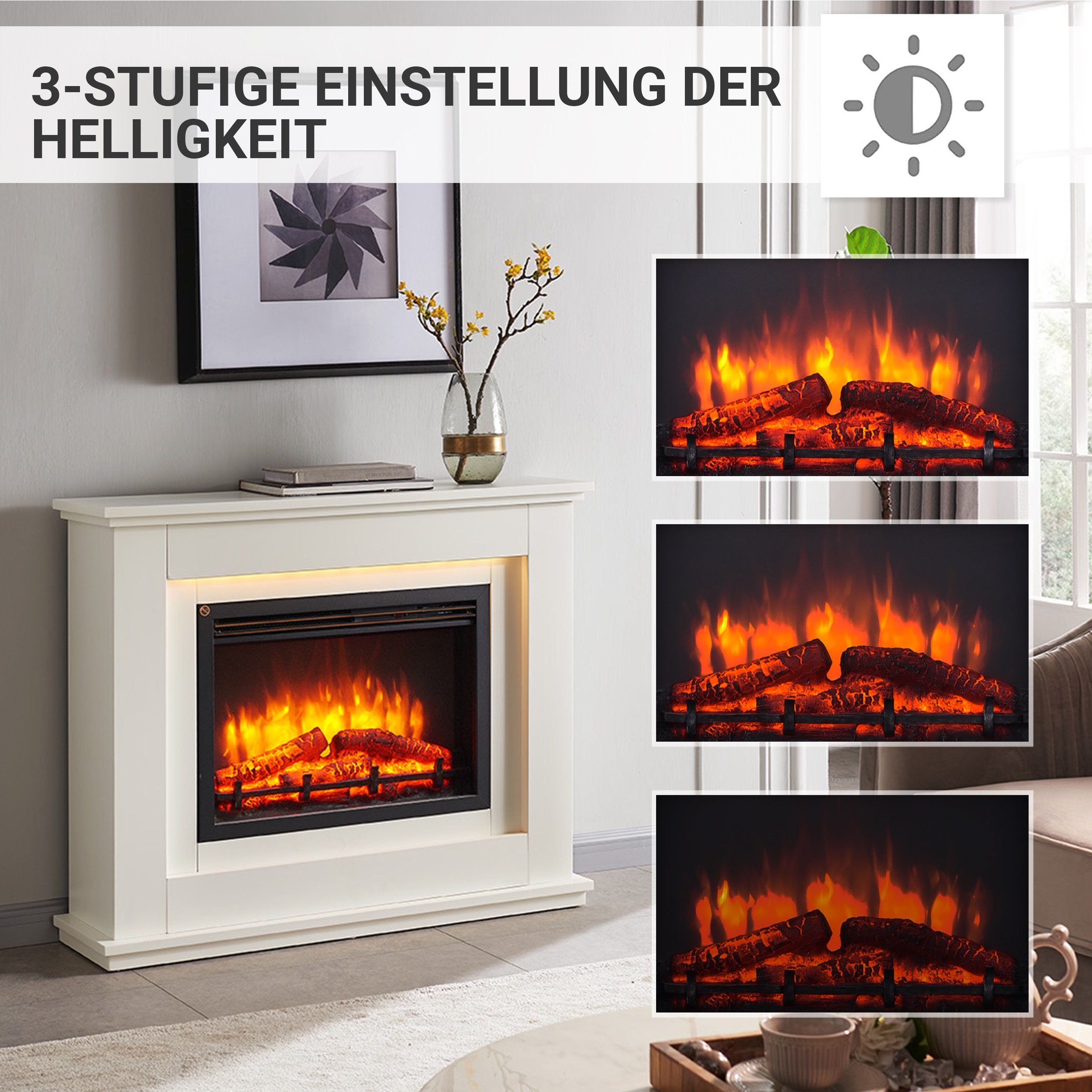 RICHEN Elektrokamin Baldur, Standkamin mit Heizung 2000W, 3D-Flammen, LED-Beleuchtung, App-Steuerung, WiFi, Thermostat, Timer