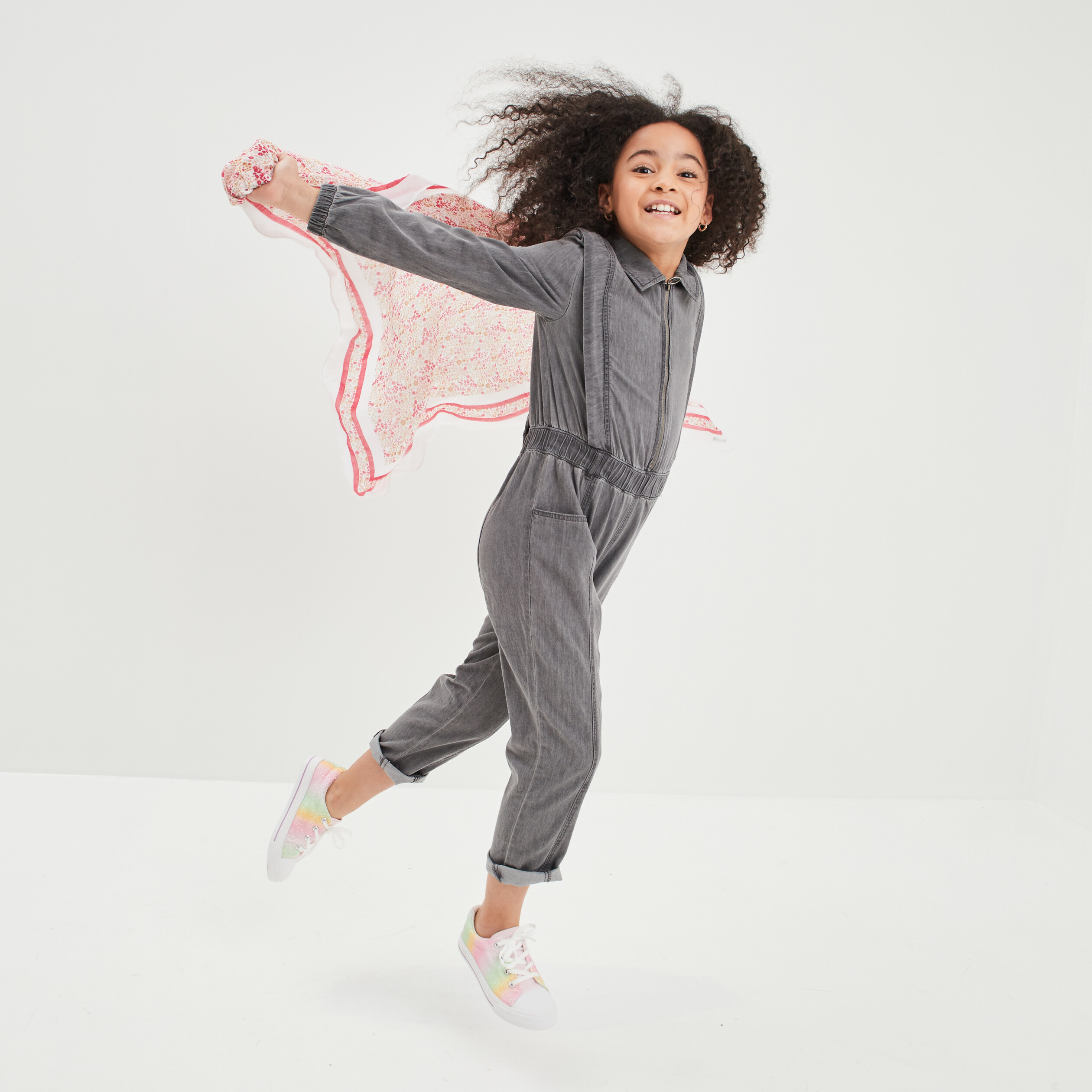 Combinaison pantalon zippée denim gris fille | La Halle