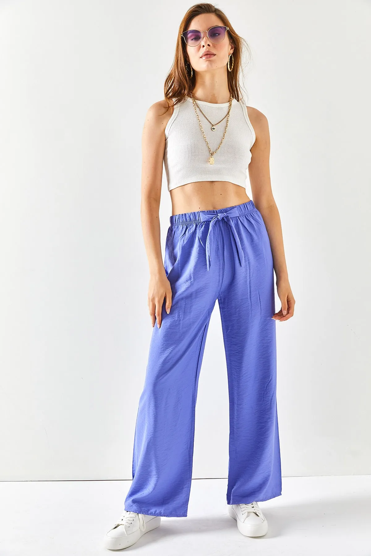 Olalook  Lilafarbene Palazzo-Ayrobin-Hose mit Gürtel und elastischem Bund für Damen PNT-19000200
